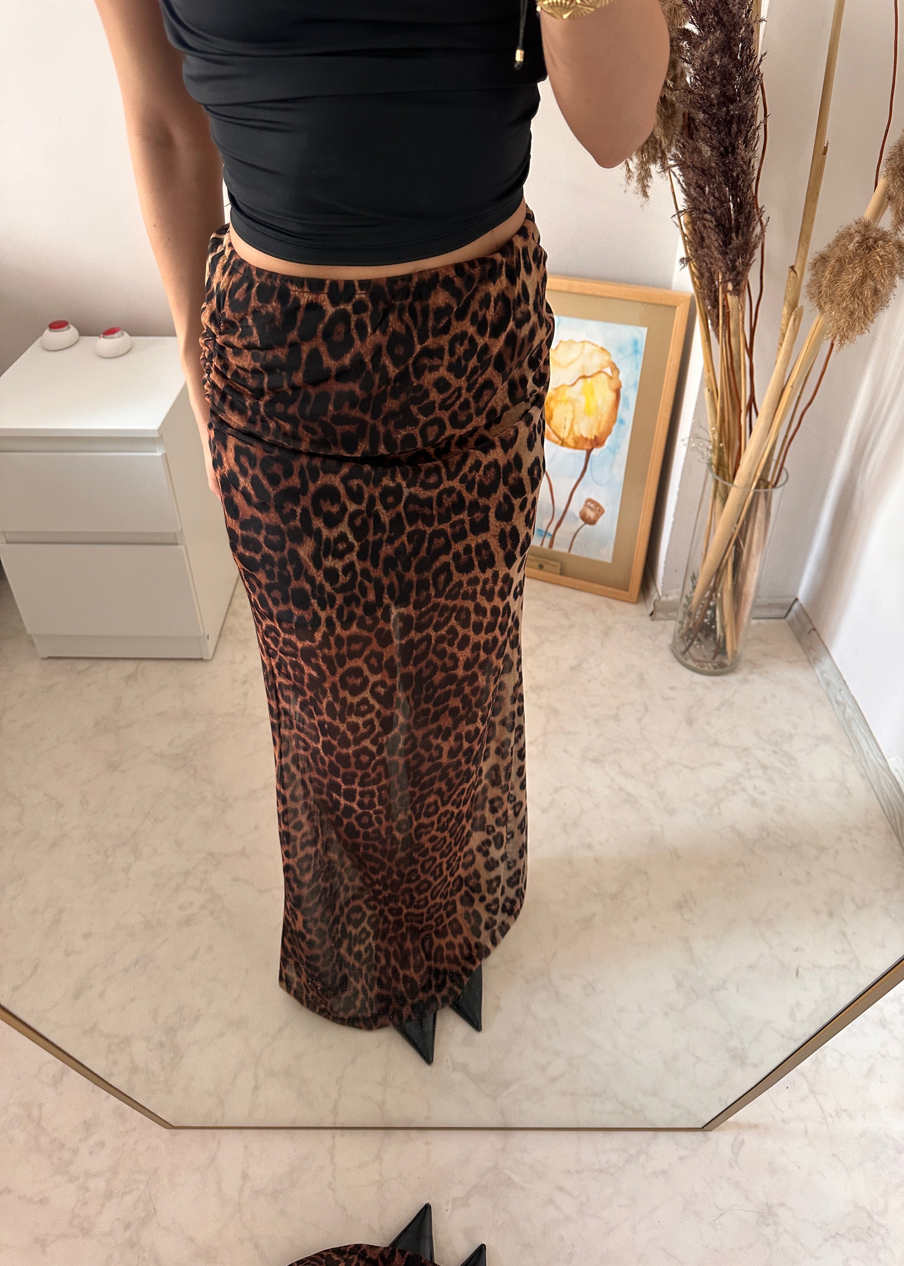 Tül Detaylı Leopar Etek