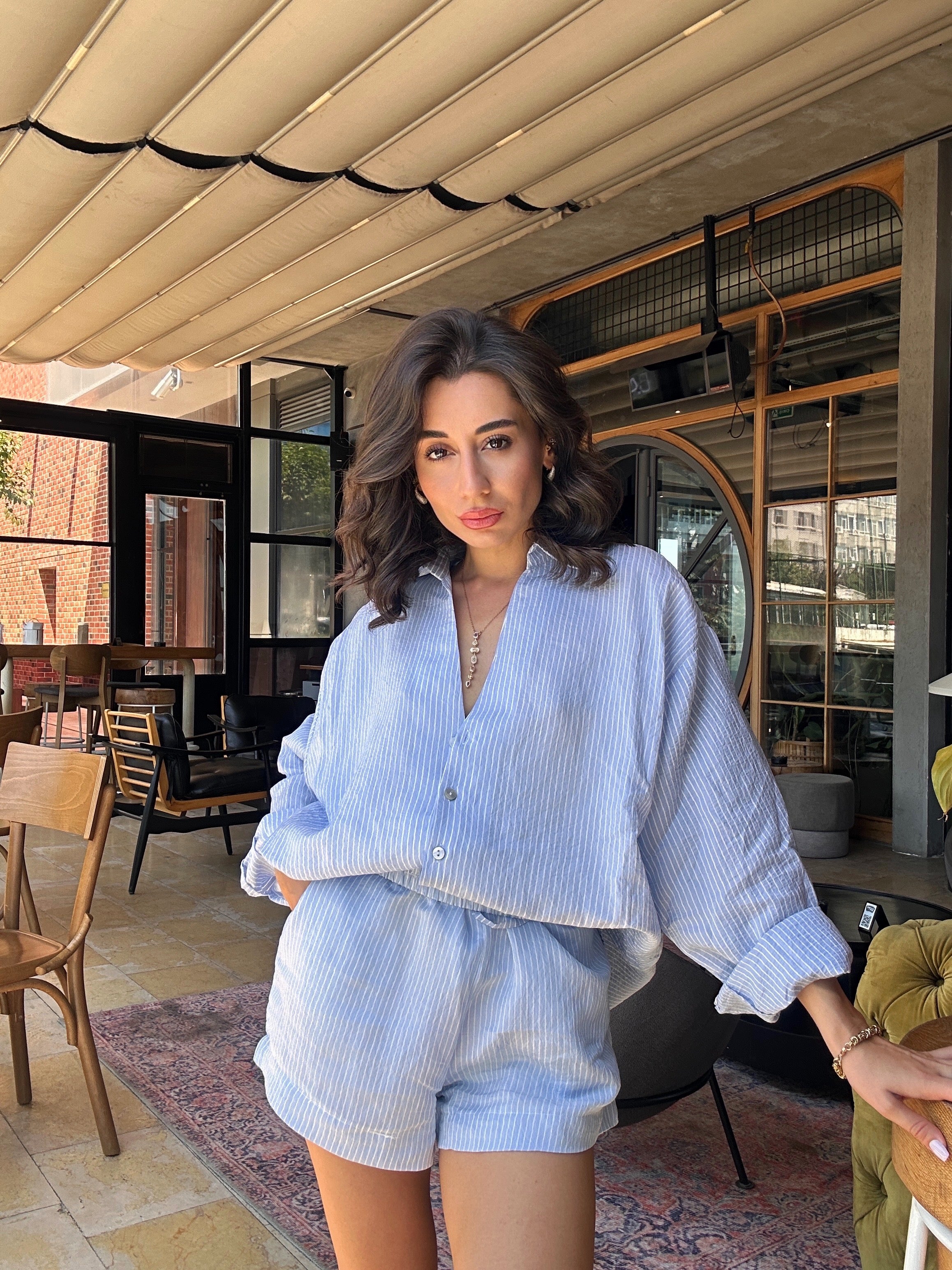 Çizgili Gömlek Şort Takım