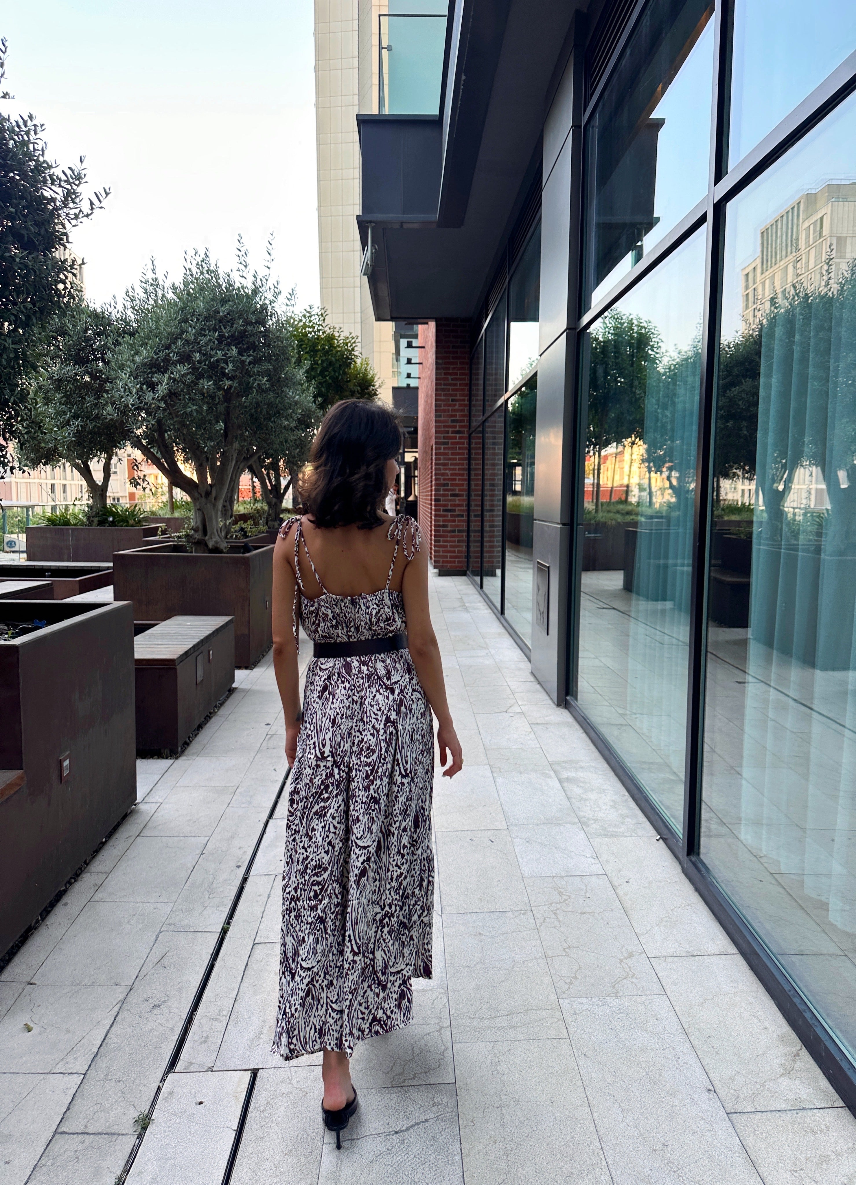 Saten Desenli Maxi Elbise