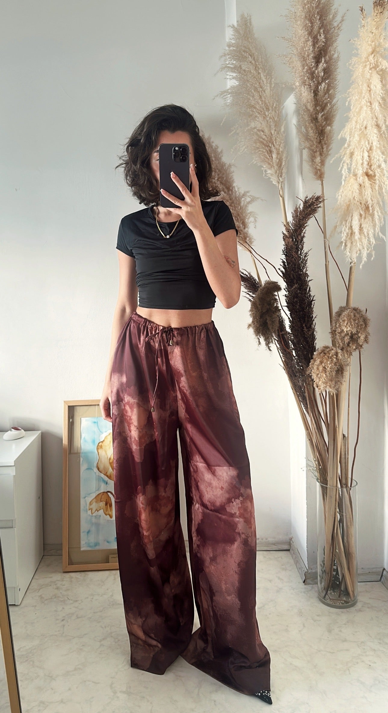 Desenli Saten Pantolon