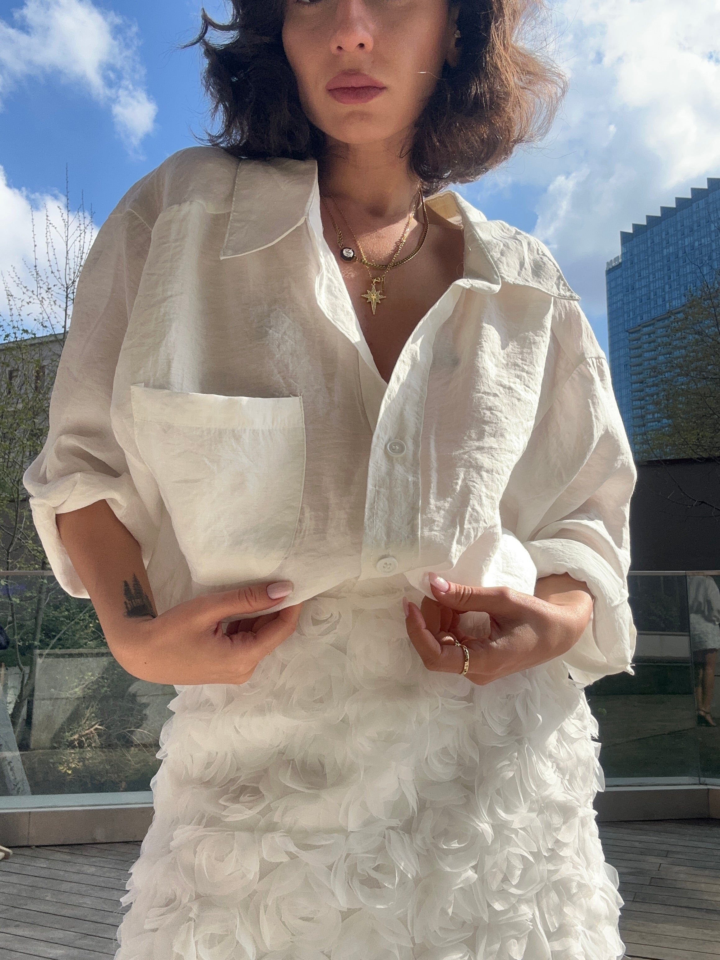 Beyaz Oversize İpeksi Gömlek