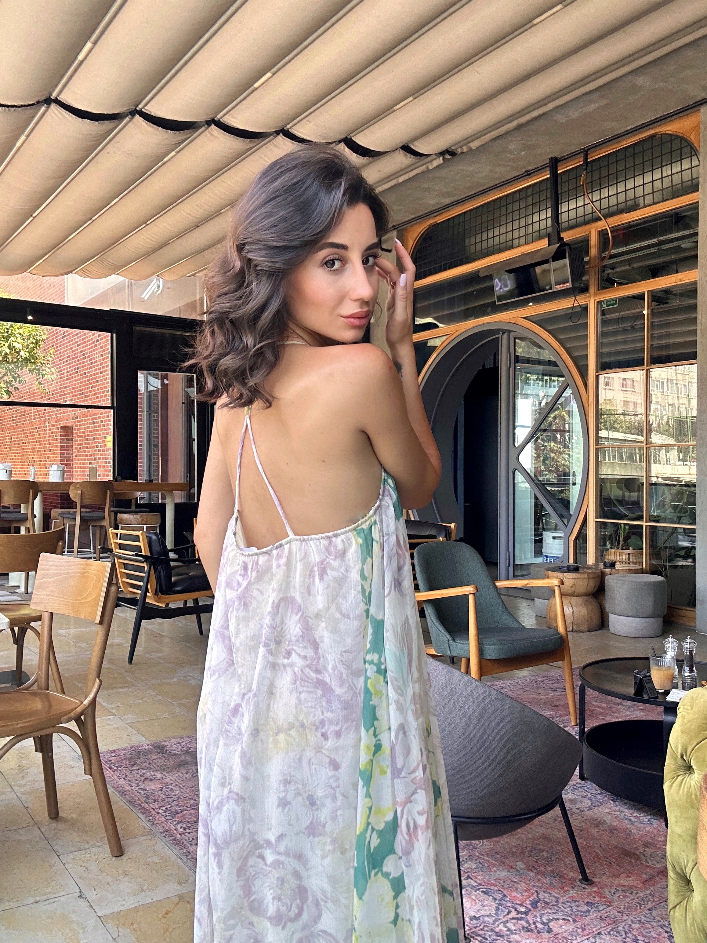 Askılı Desenli Maxi Garden Elbise