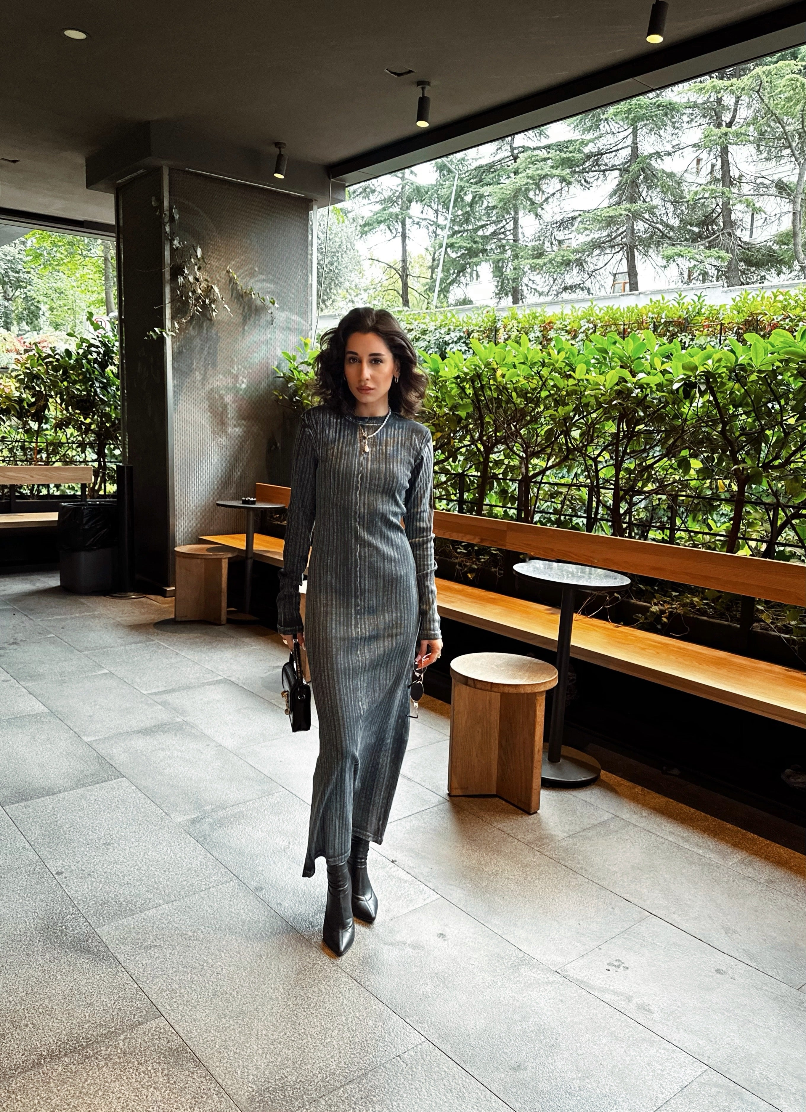 Antrasit Yıkamalı Uzun Elbise