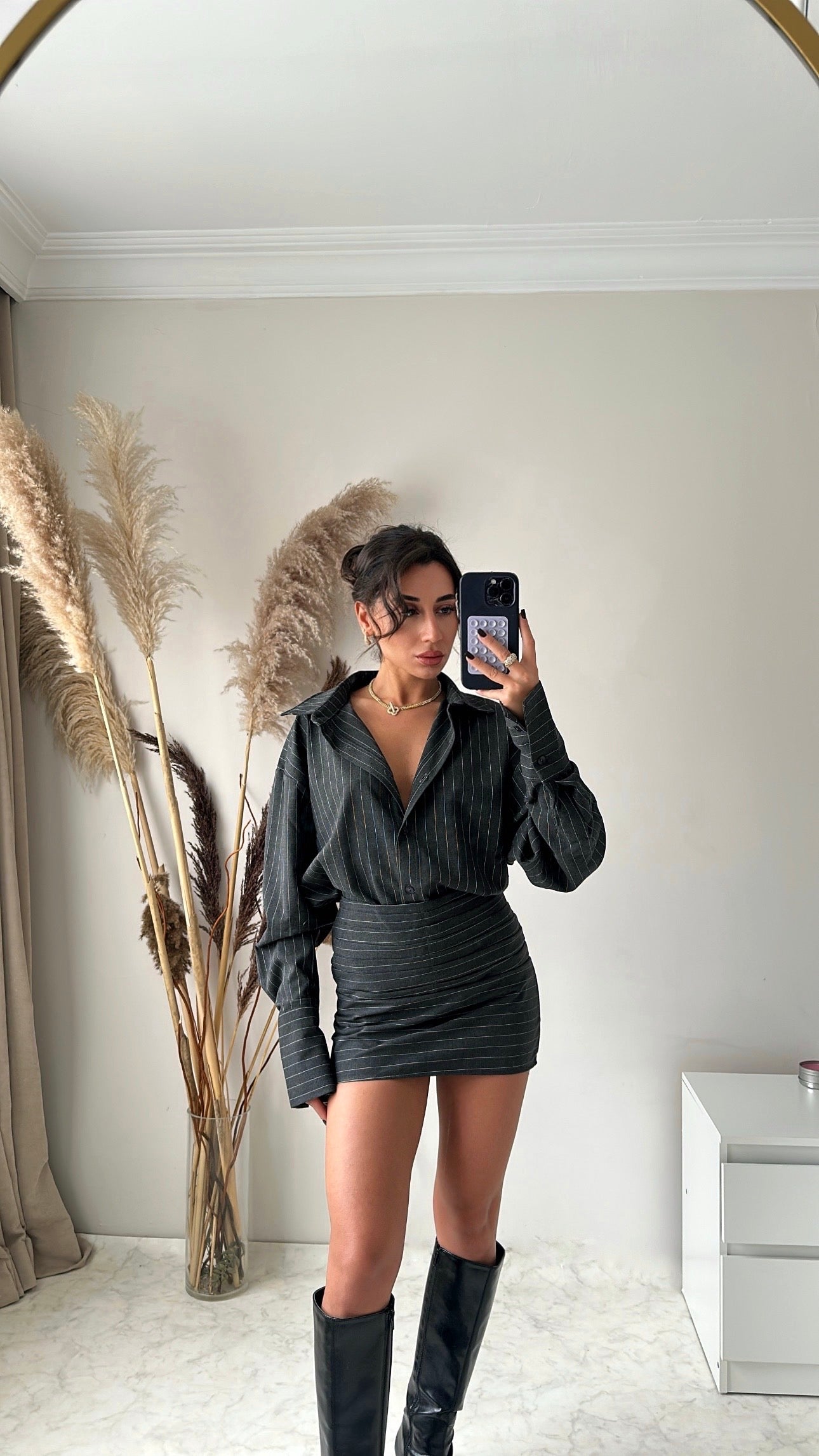 DRAPELİ ETEK GÖMLEK ÇİZGİLİ TAKIM