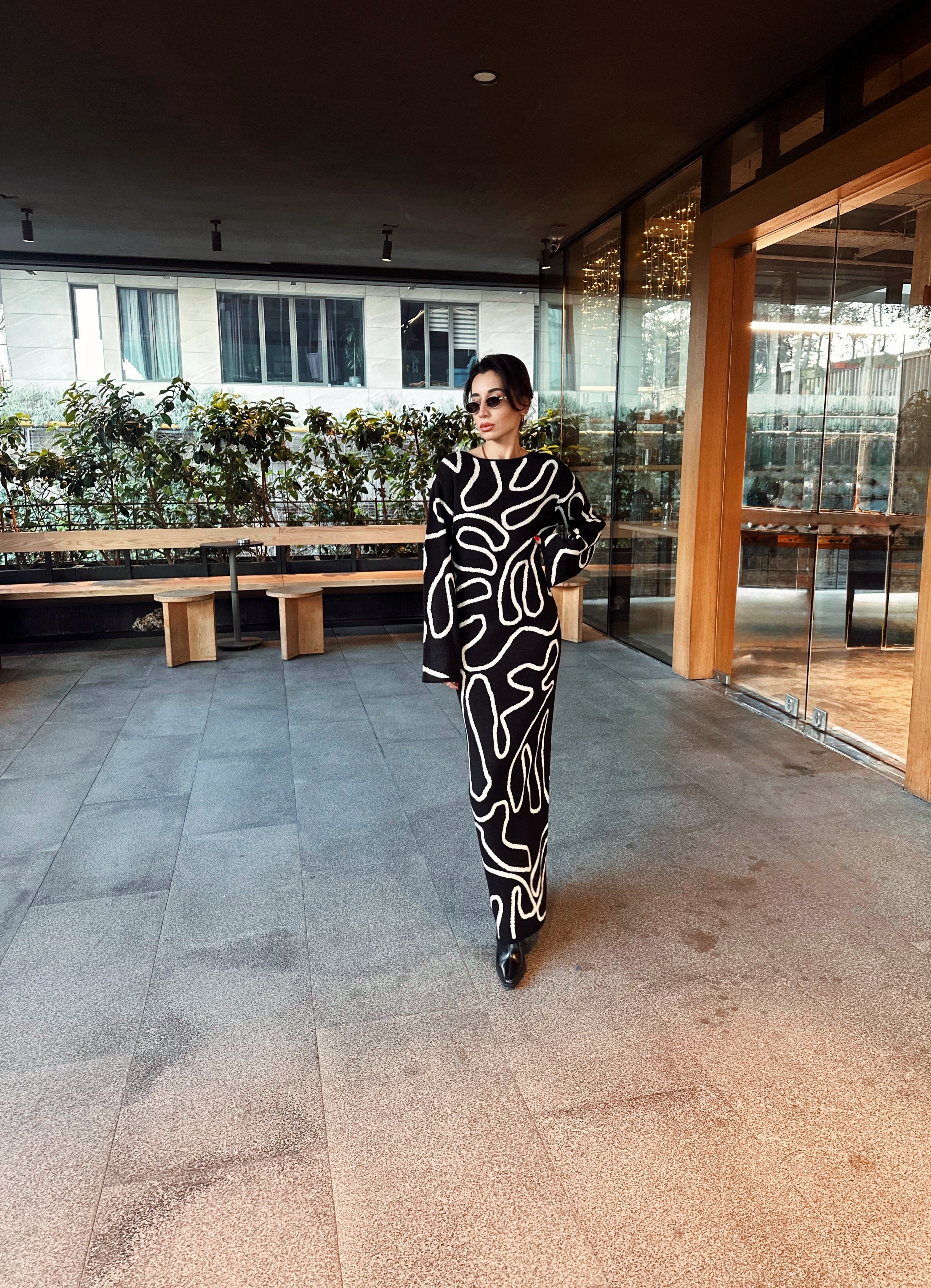 Triko Desenli Maxi Elbise