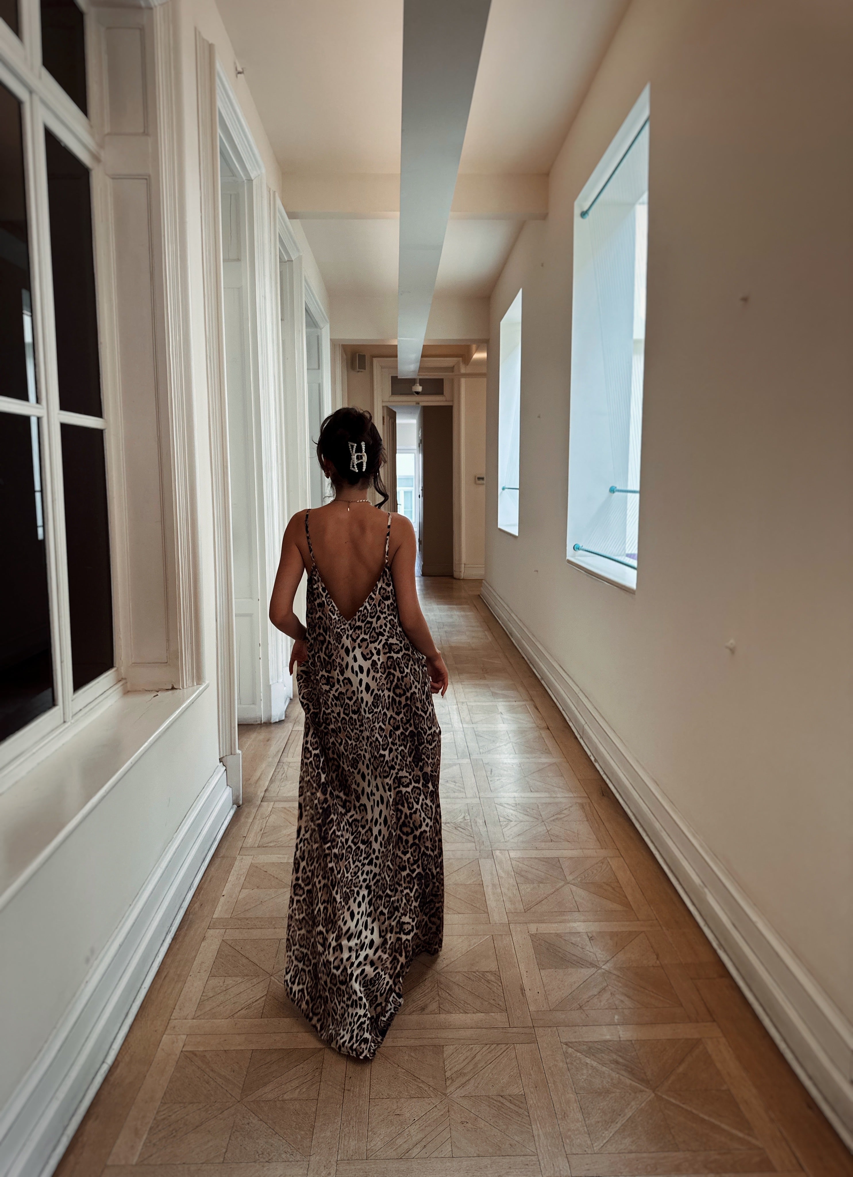 Leopar Saten Maxi Elbise