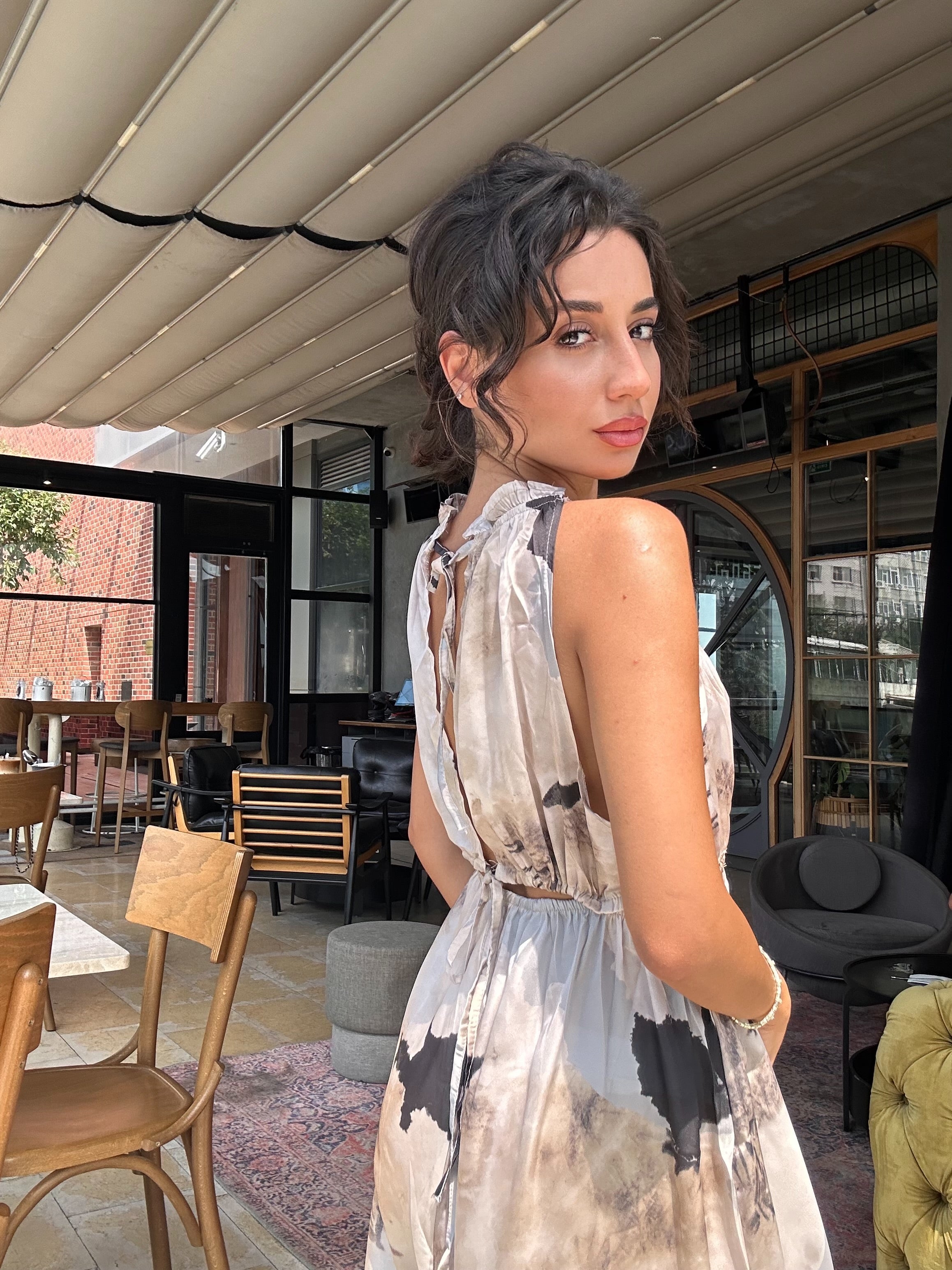 Viora Desenli  Geniş Paça Desenli Saten Tulum