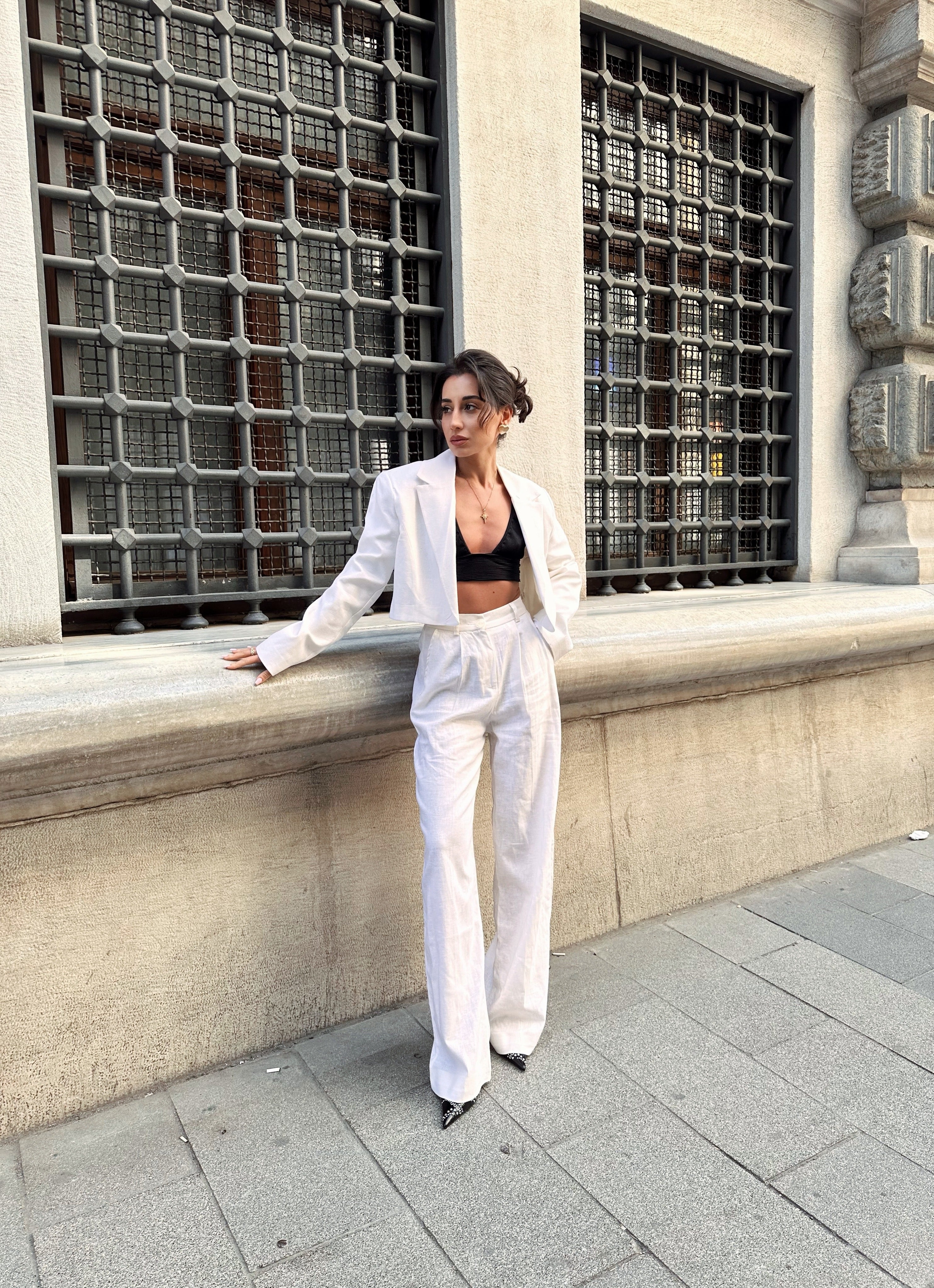 Premıum Crop Blazer Ceket Keten Takım