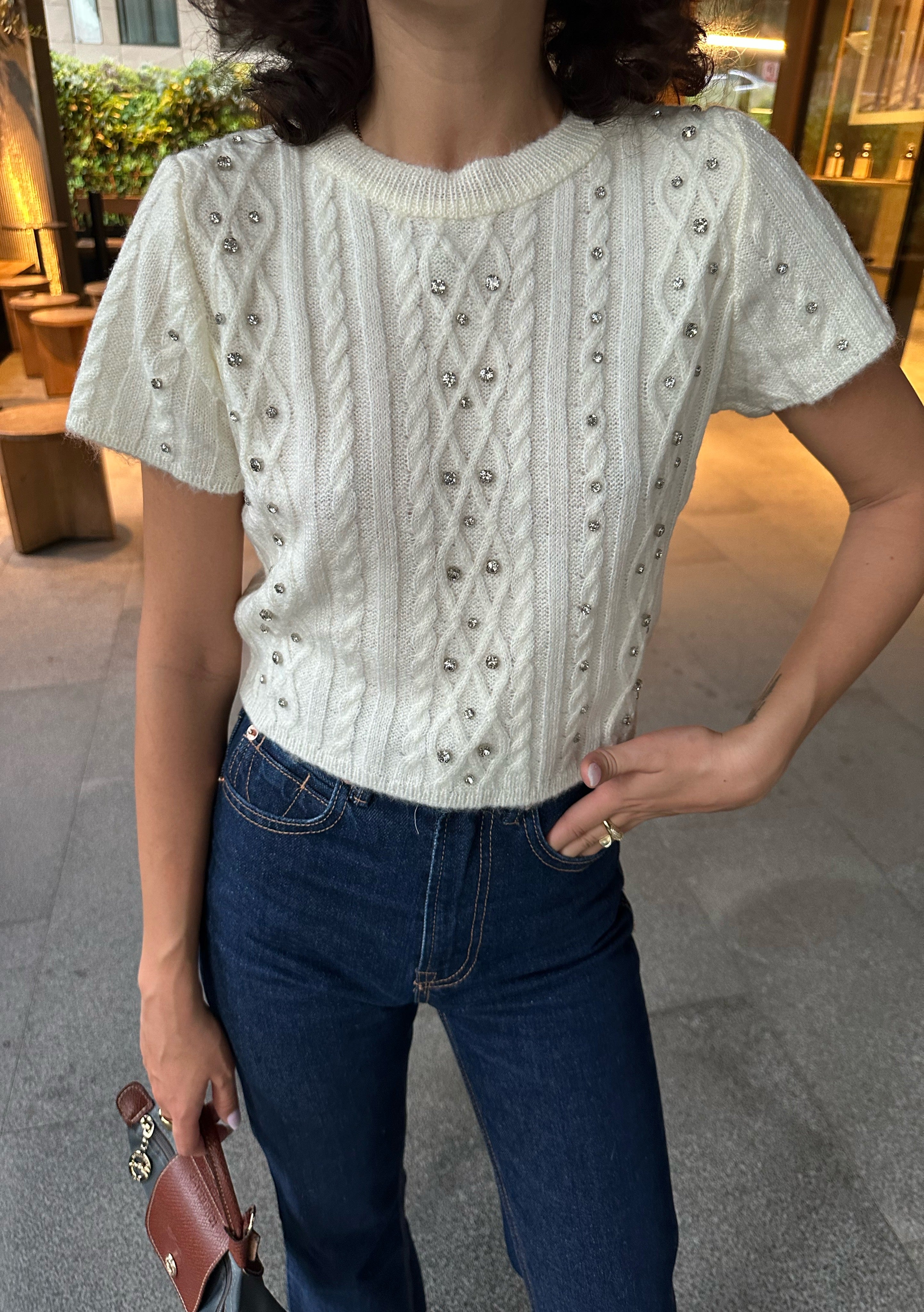 Taşlı Kısa Kollu Triko Kazak