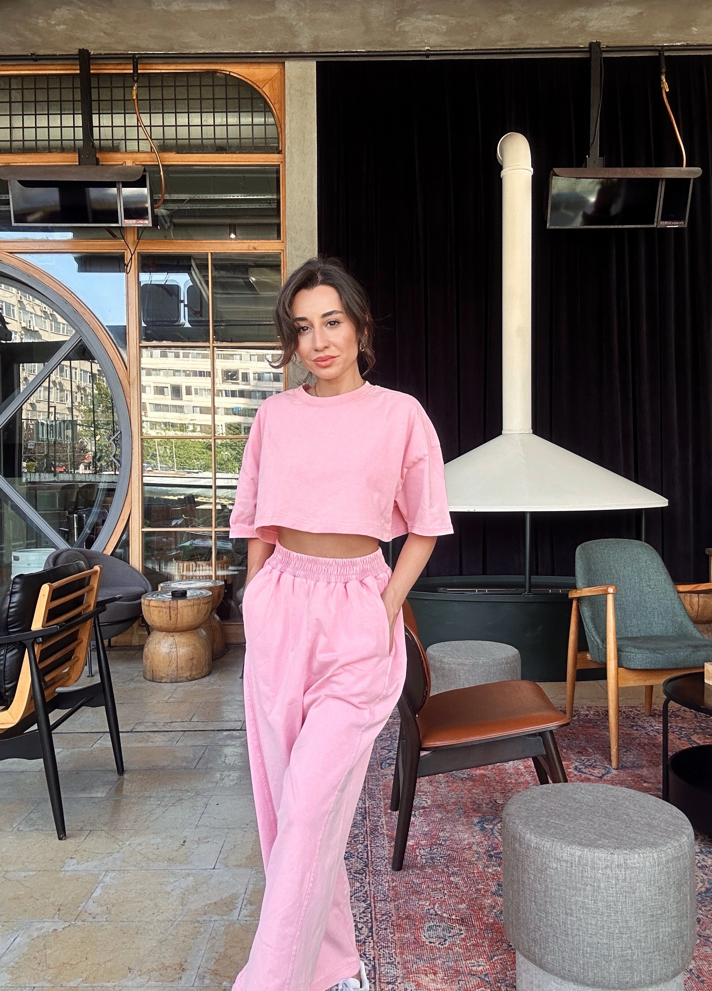Yıkamalı Pembe T-Shirt Pantolon Takım