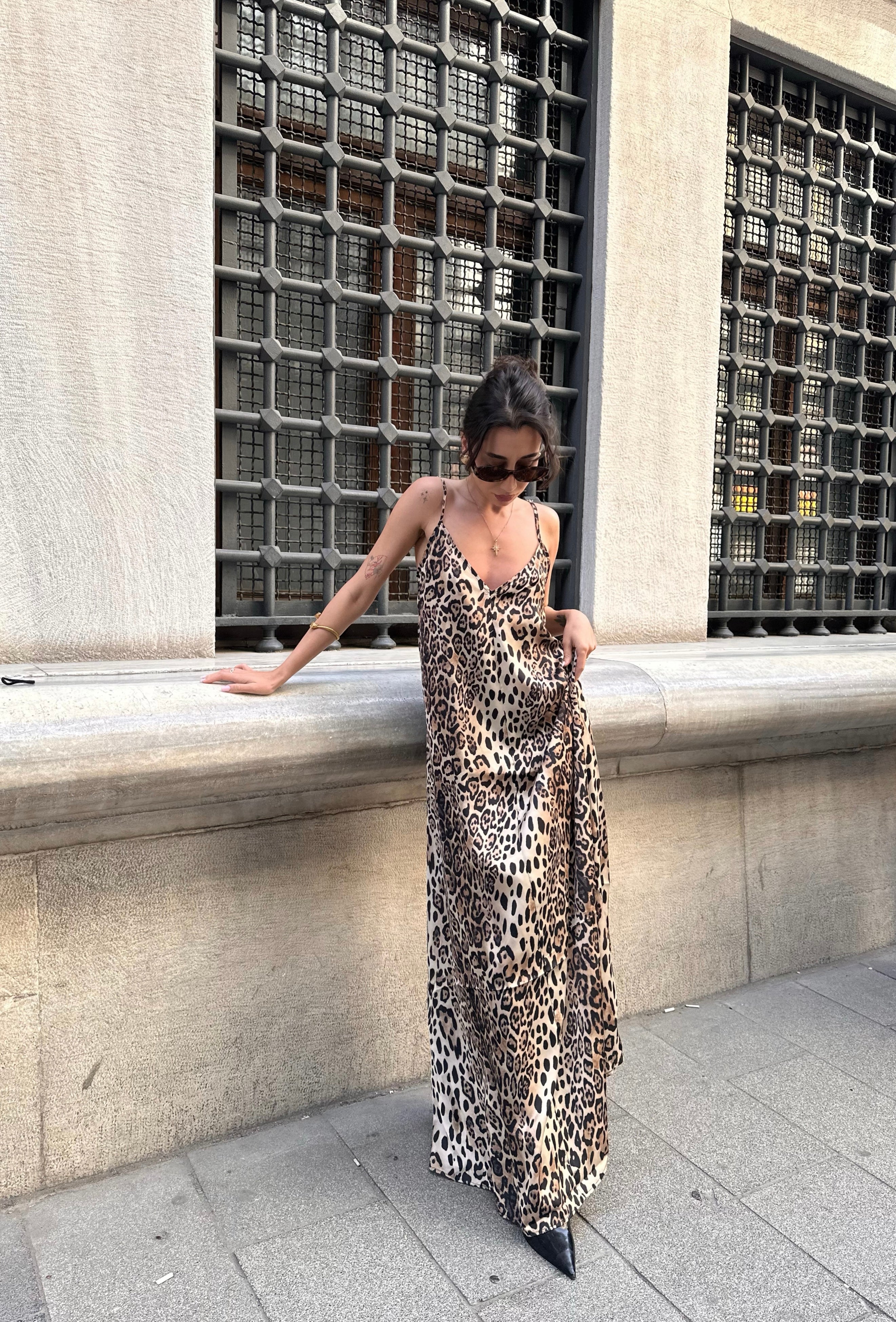 Leopar Saten Maxi Elbise