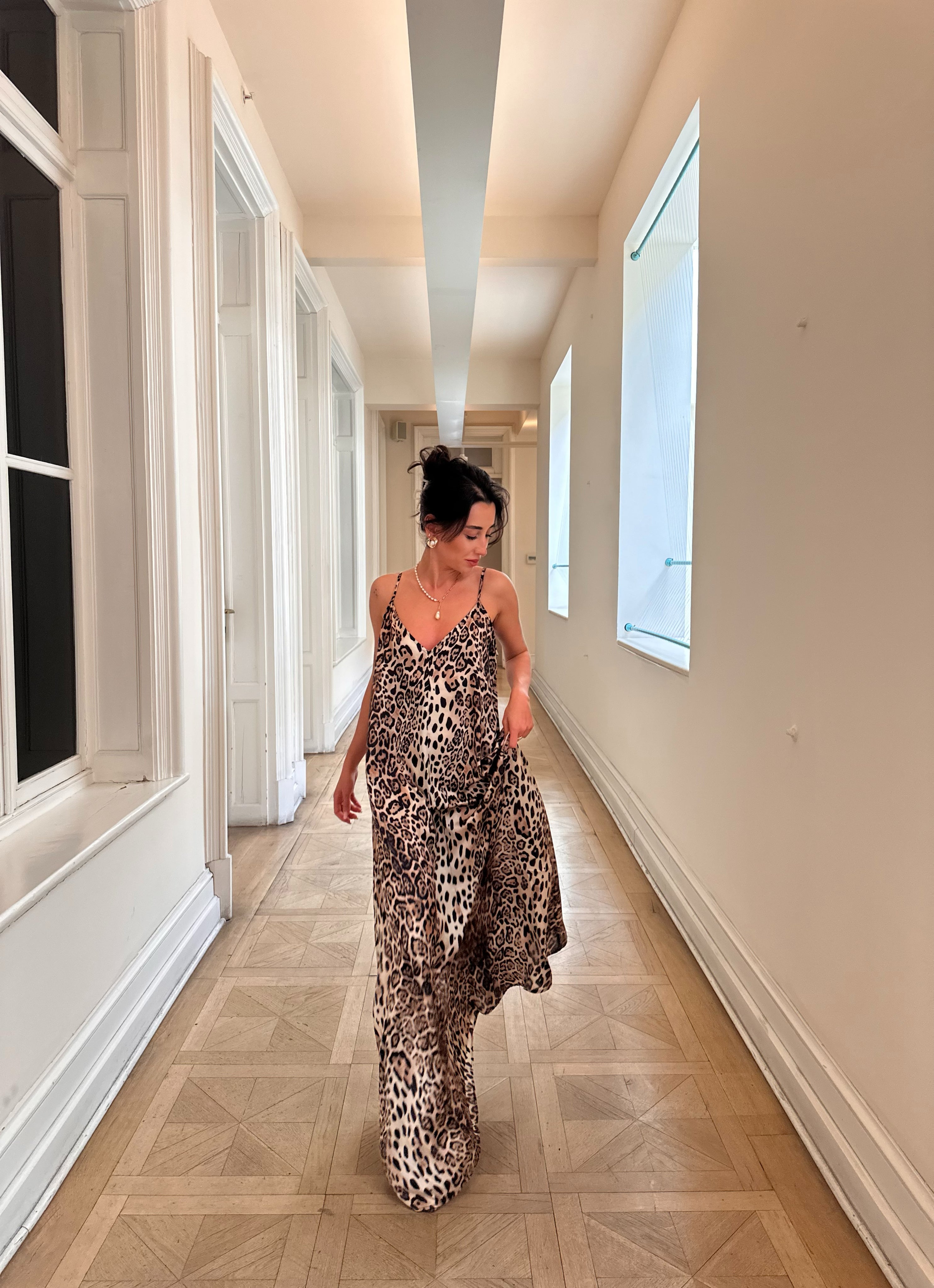 Leopar Saten Maxi Elbise