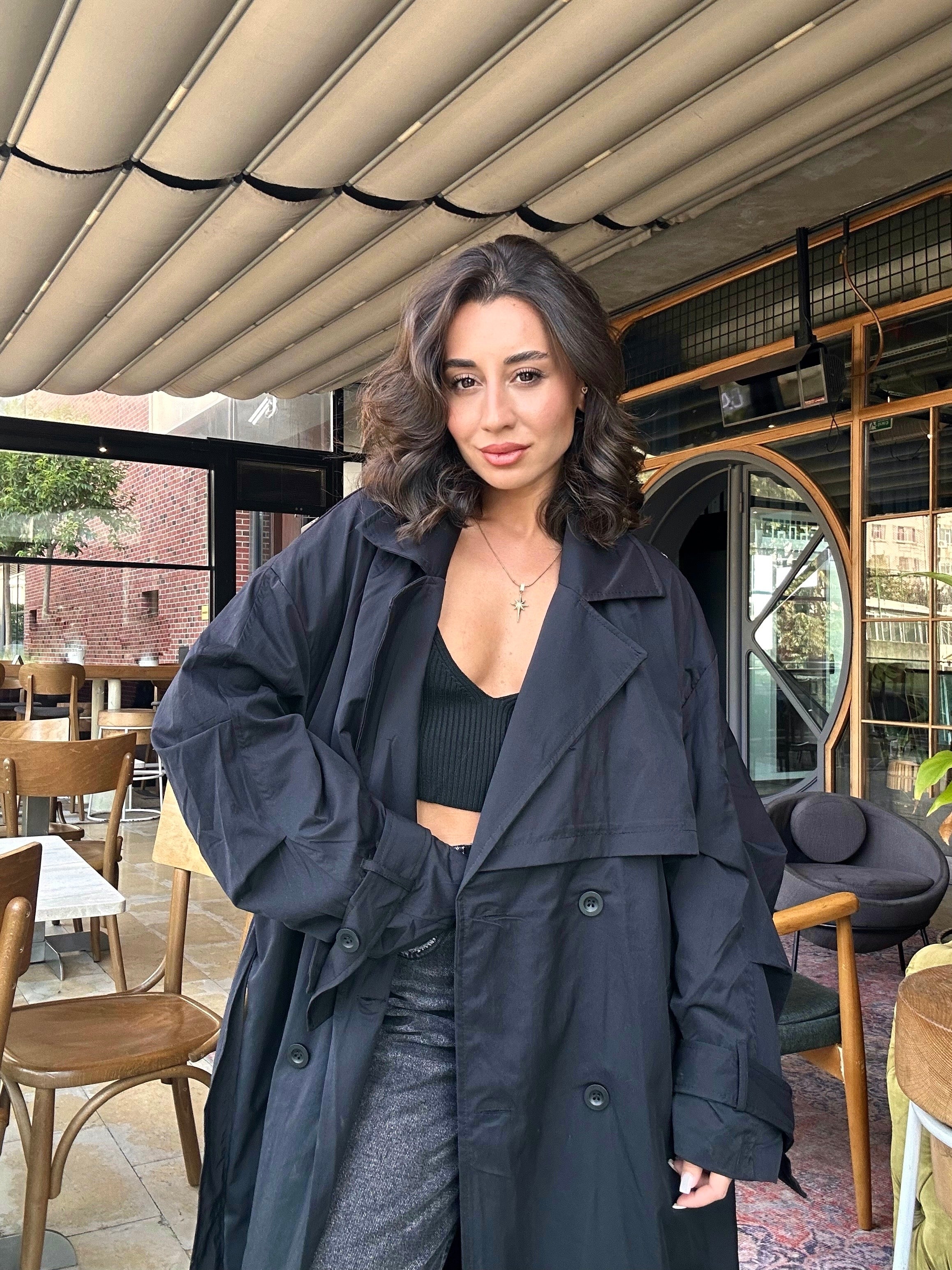 Kuşaklı Maxi Oversize Siyah Trençkot