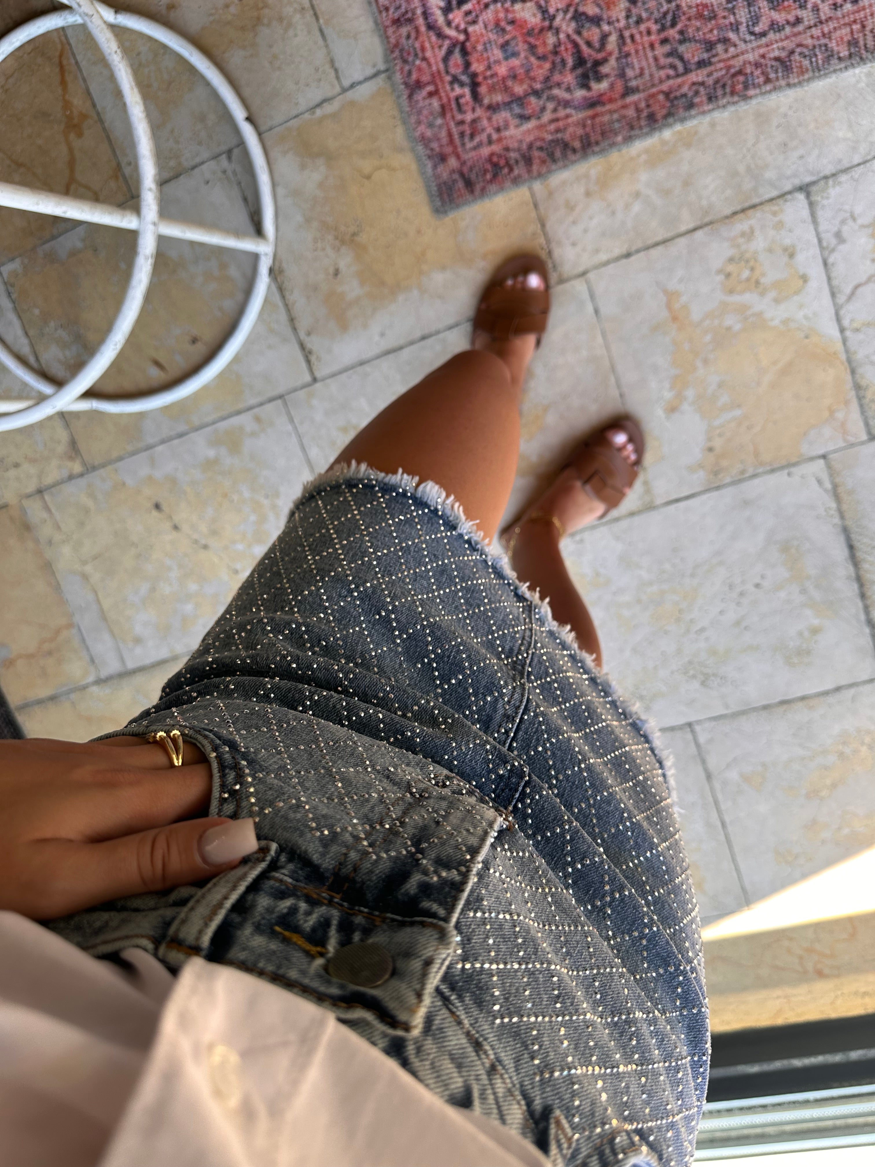 Trend Taşlı Denim Mini Etek