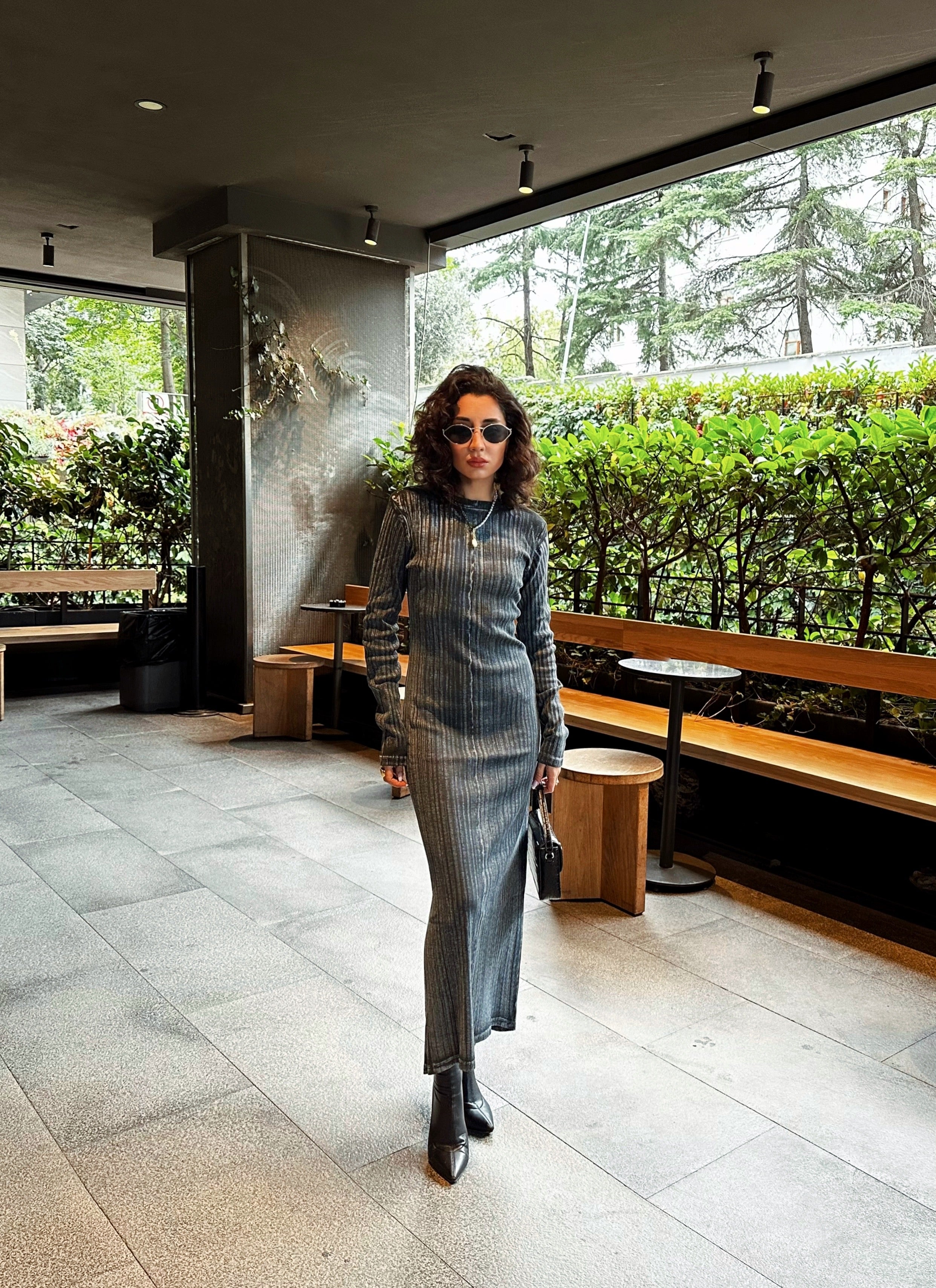 Antrasit Yıkamalı Uzun Elbise