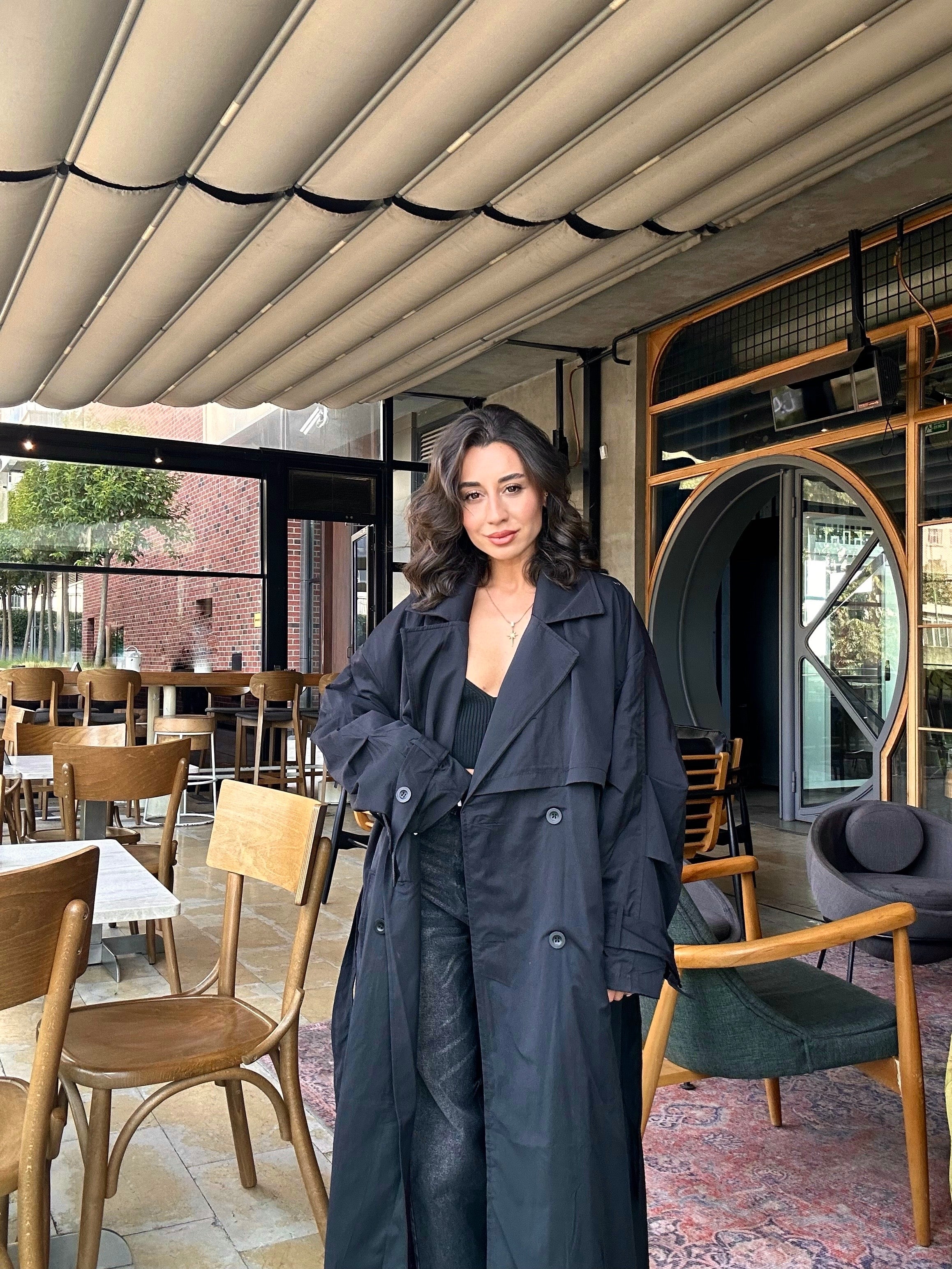 Kuşaklı Maxi Oversize Siyah Trençkot