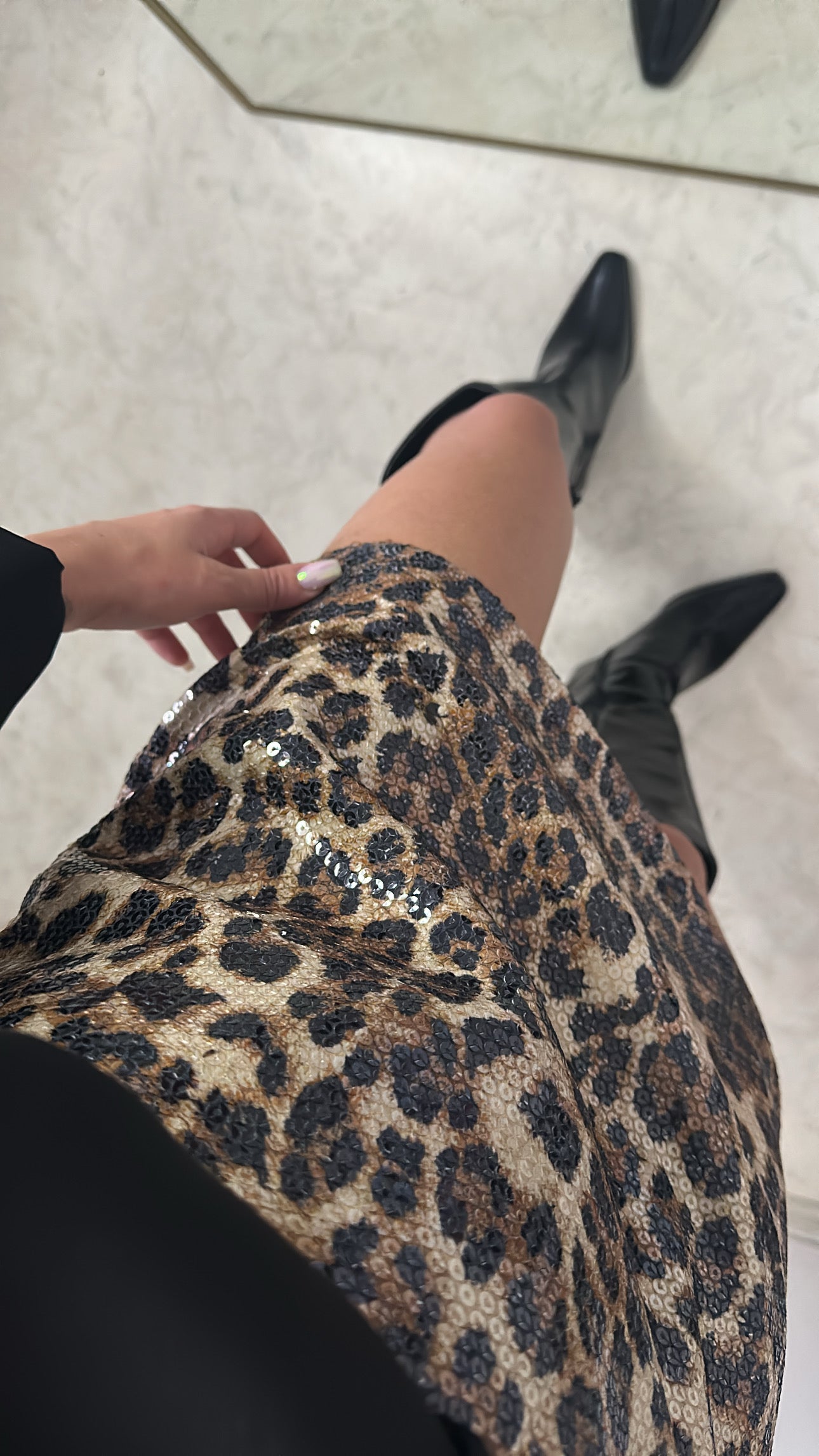 Leopar Desenli Payetli Tasarım Etek