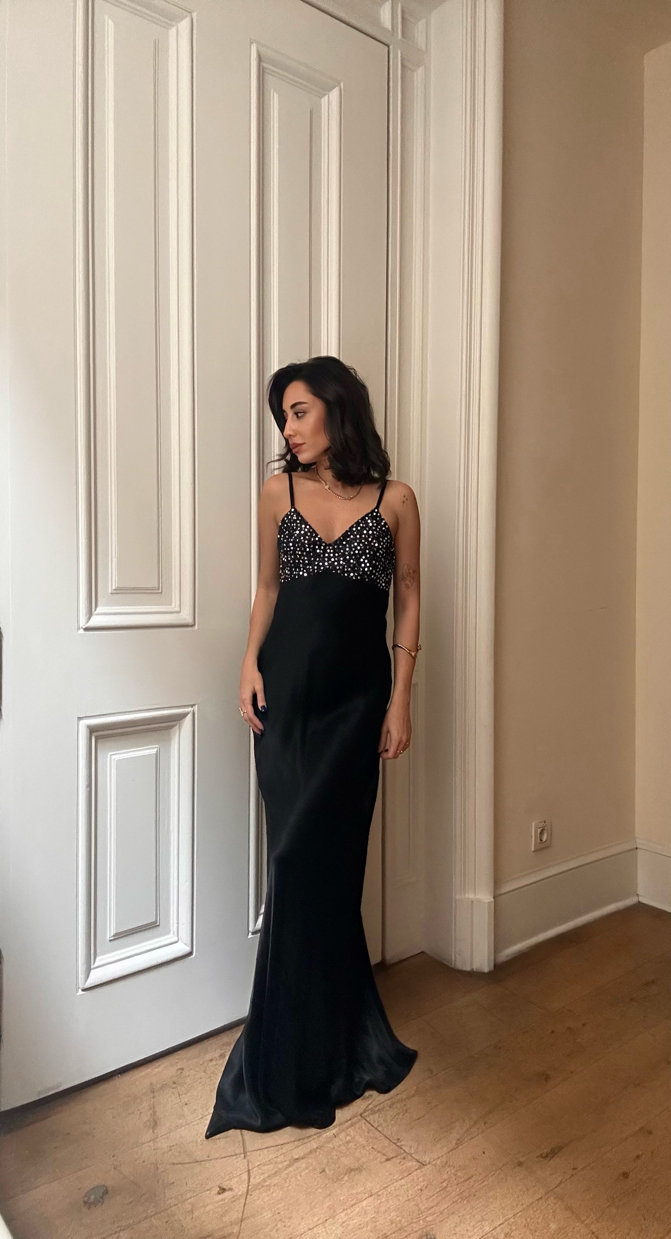 Noir Black  Maxi Saten Elbise