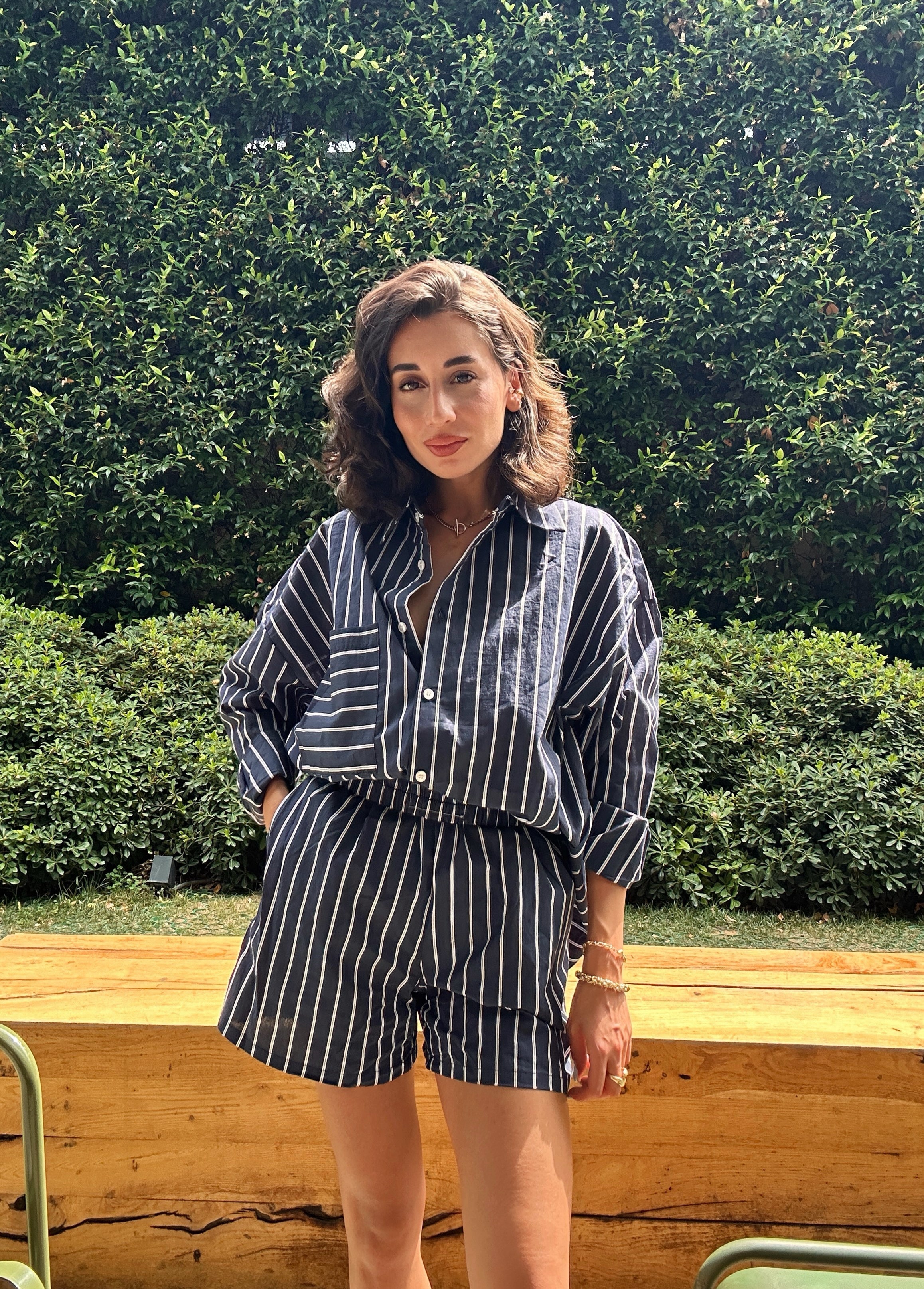 Çizgili Oversize Gömlek Şort Takım