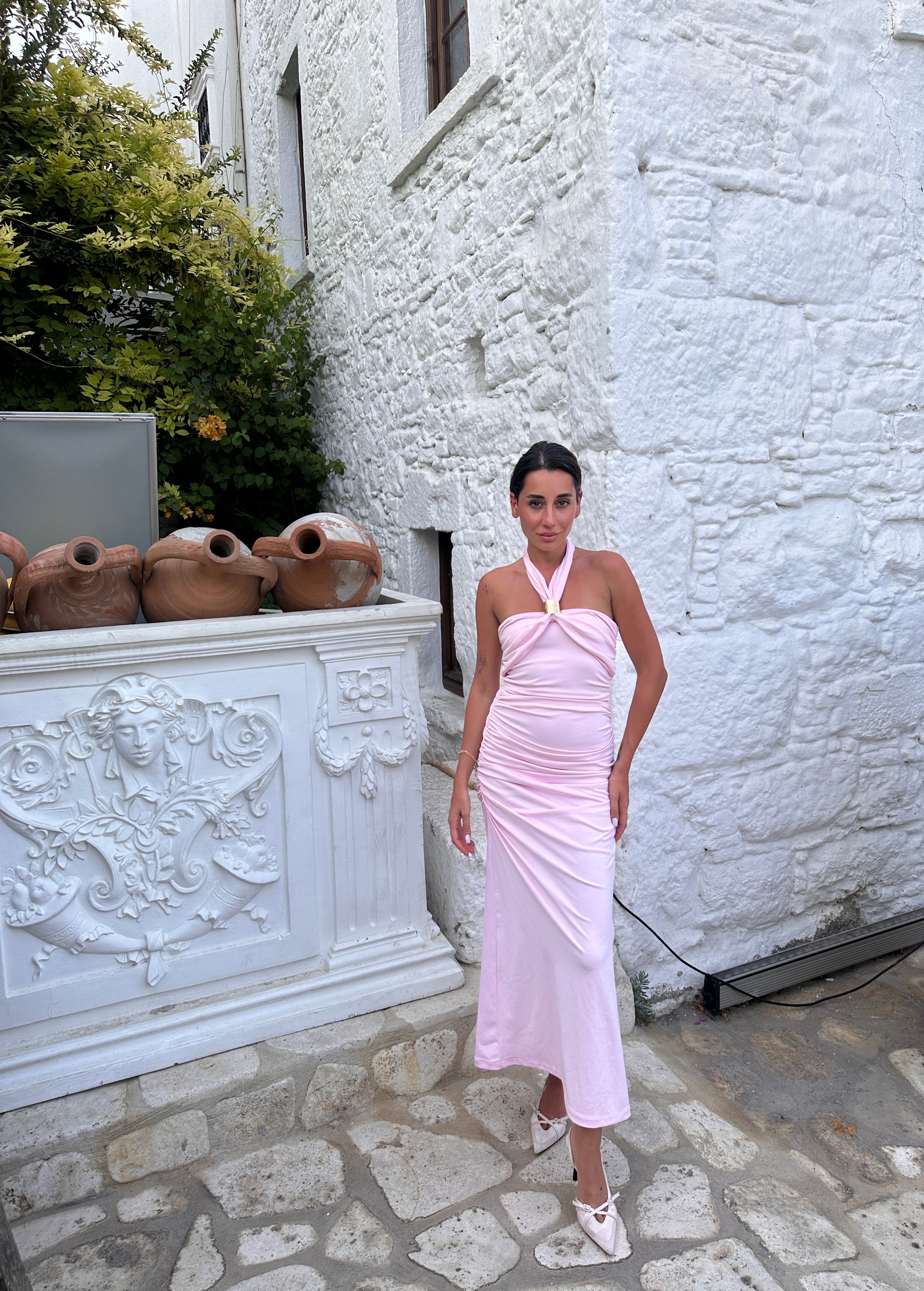 Toka Detaylı Pink Elbise