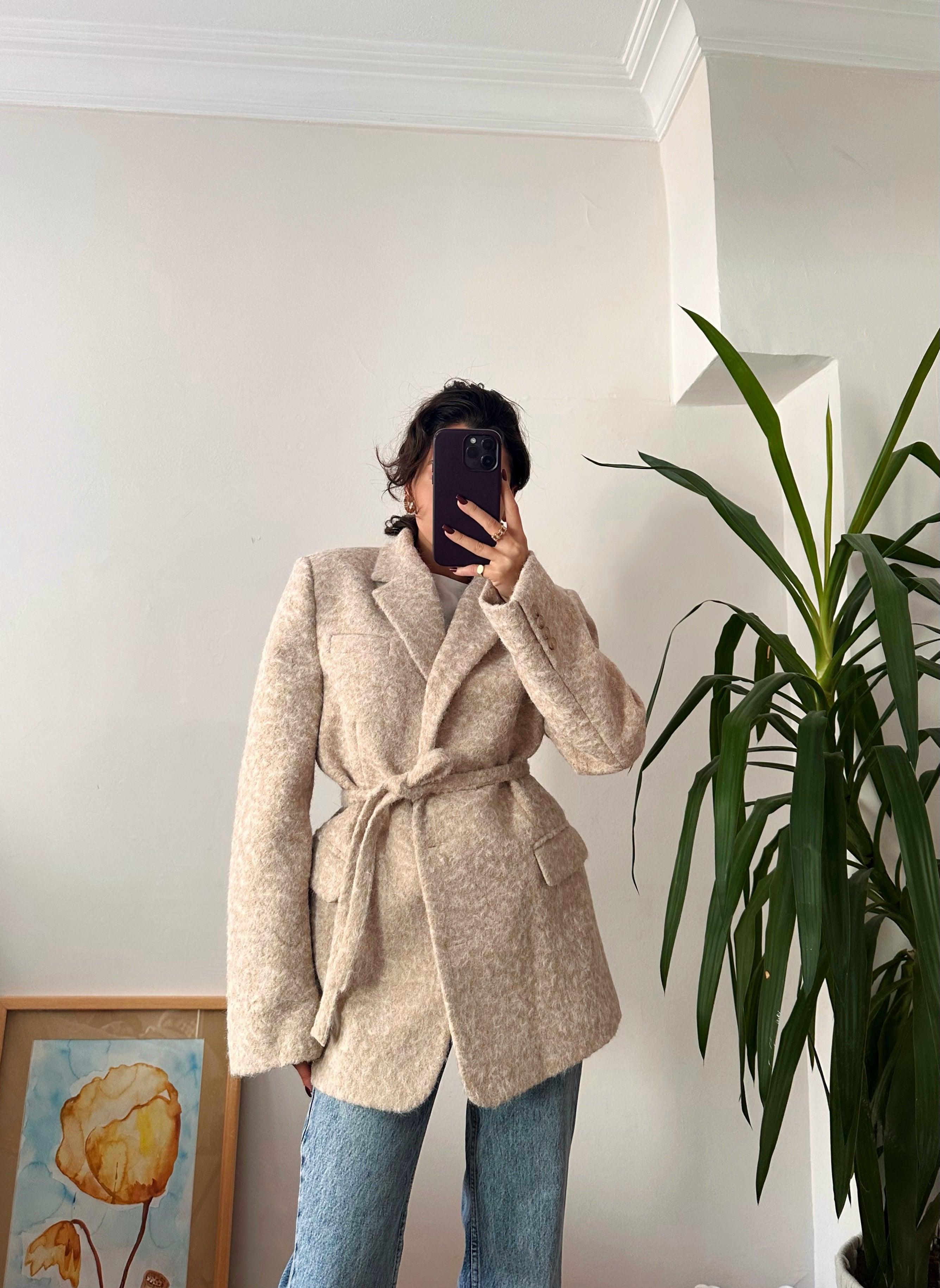 Kuşaklı Bej Kaşe Blazer Ceket Kaban