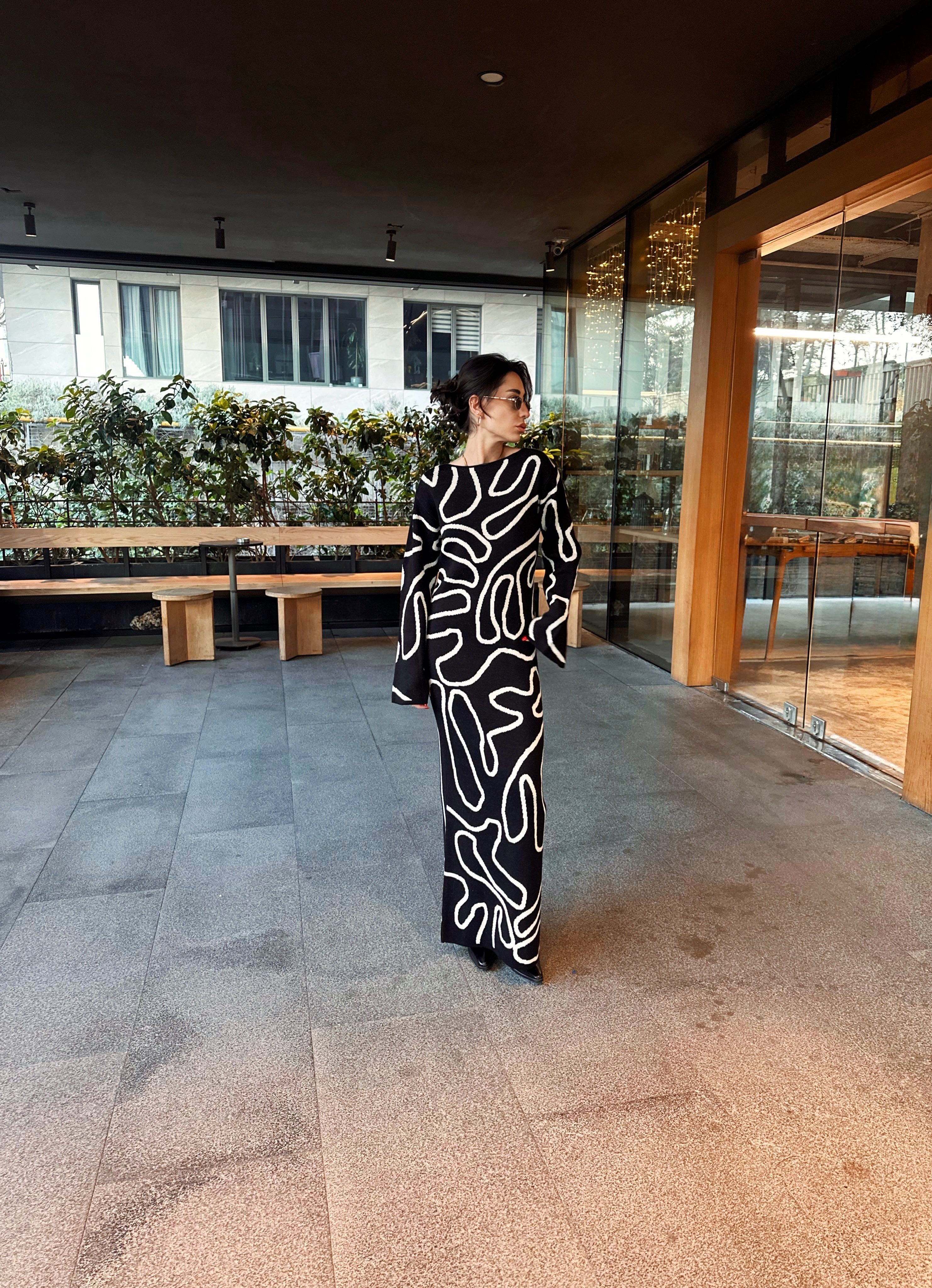 Triko Desenli Maxi Elbise