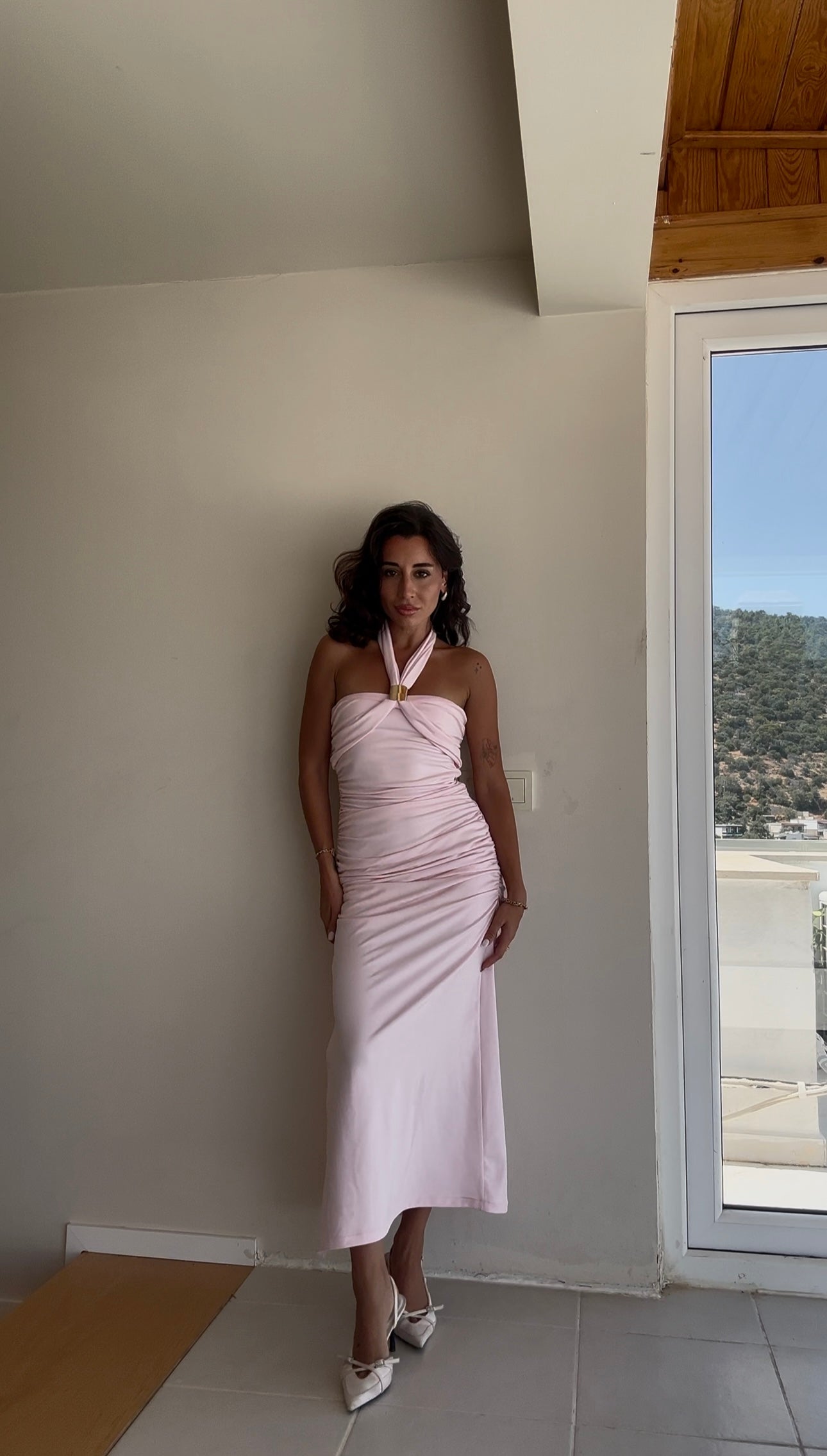 Toka Detaylı Pink Elbise