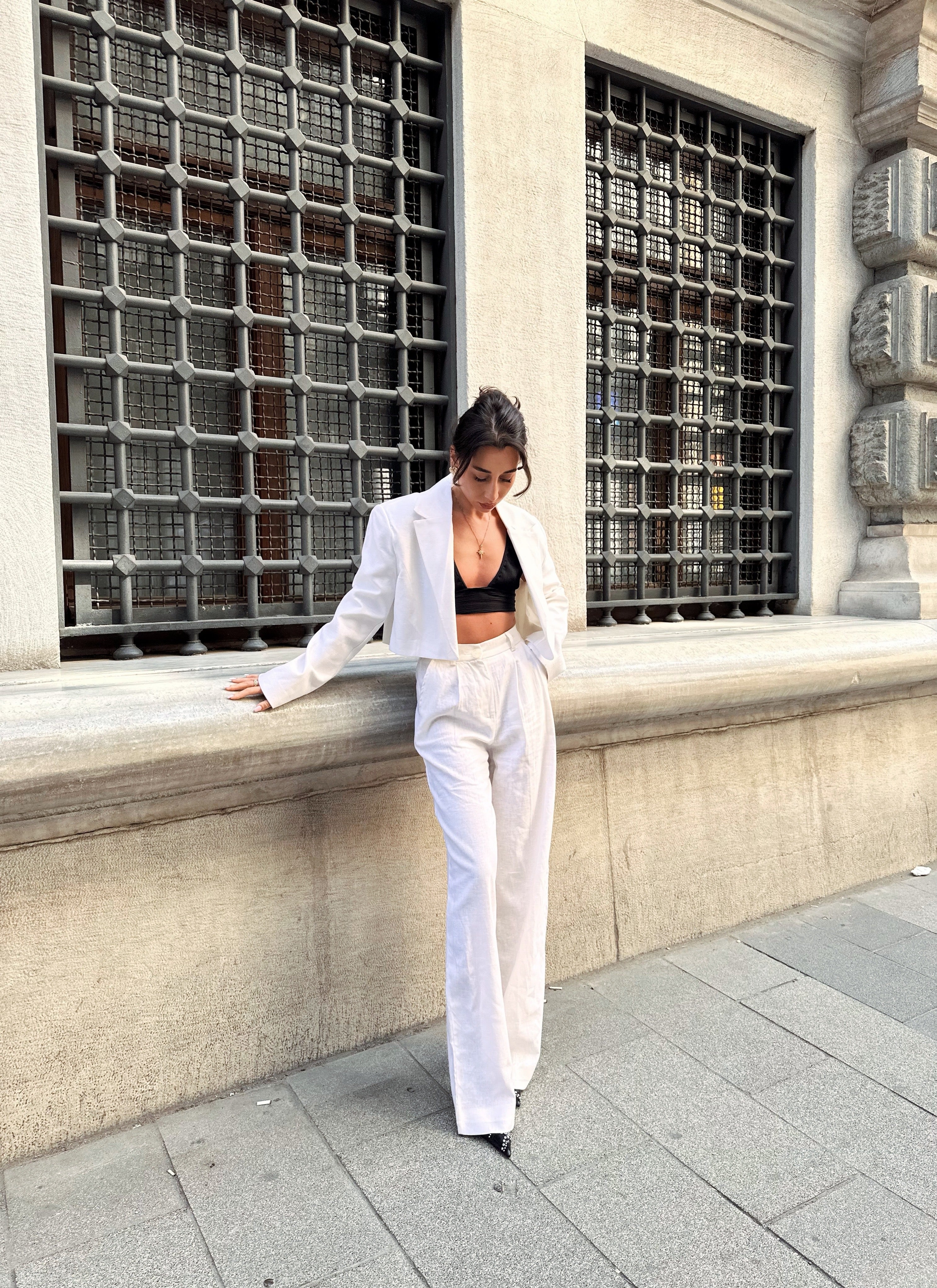 Premıum Crop Blazer Ceket Keten Takım