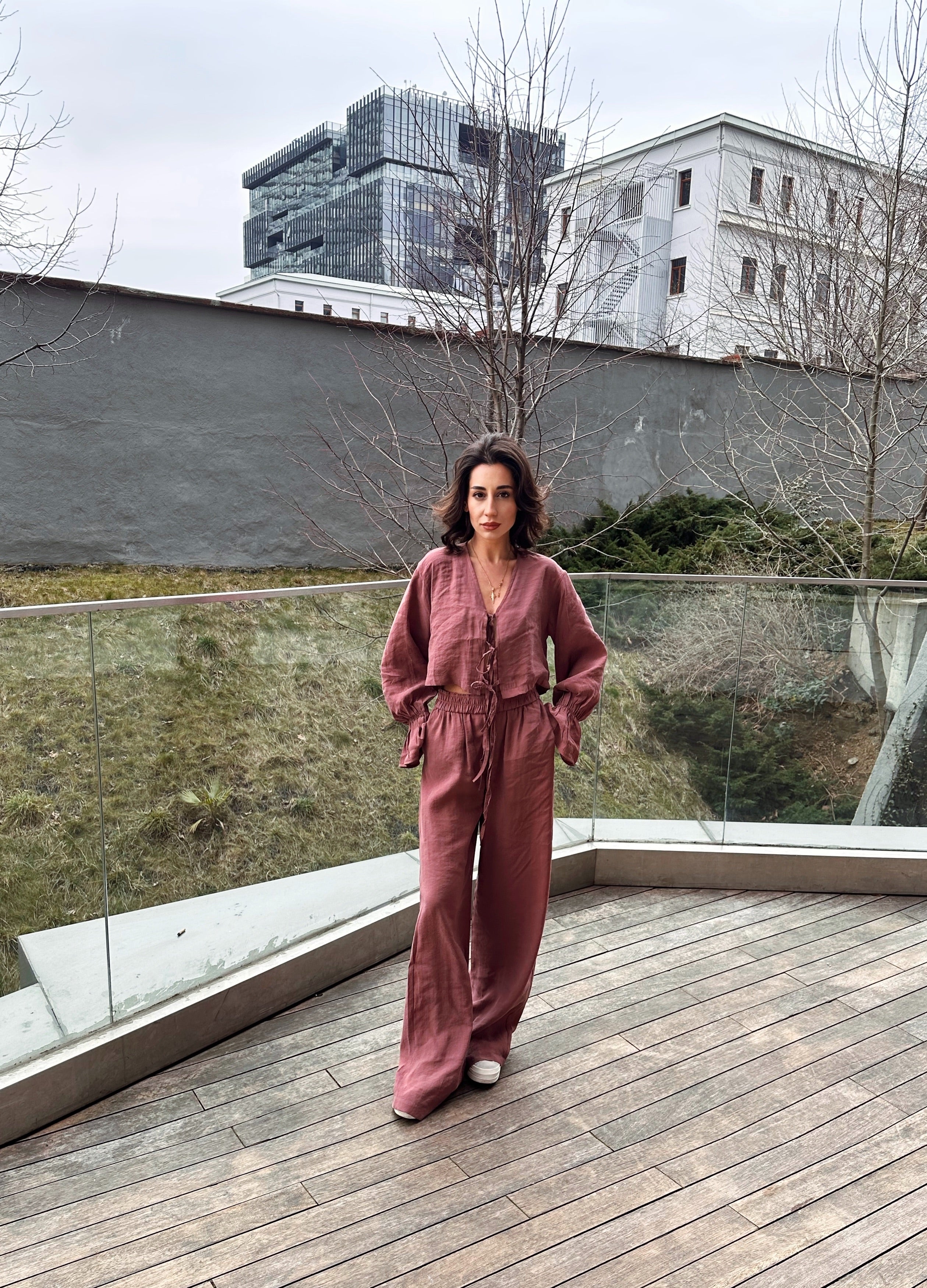 Önden Bağlamalı  Keten Bluz Takım