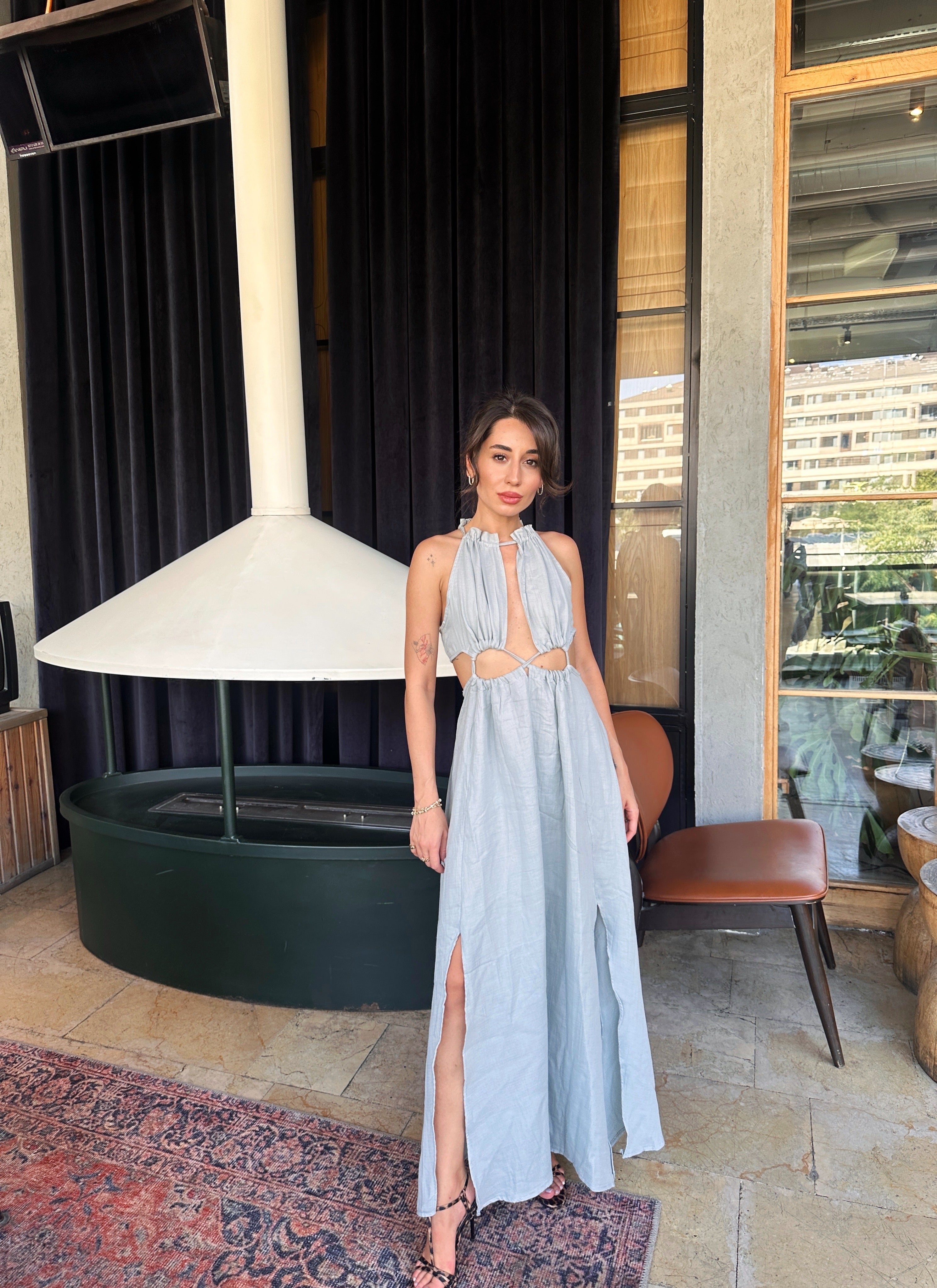 Dekolteli Maxi Müslin Elbise