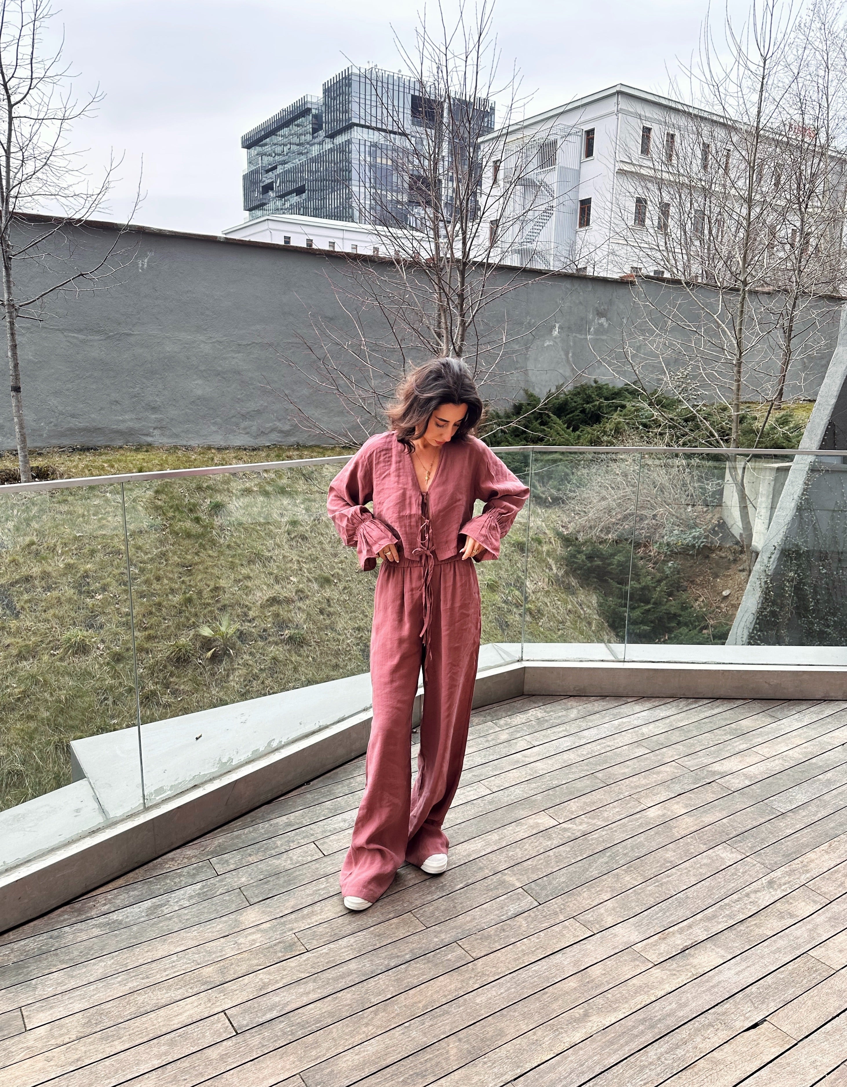 Önden Bağlamalı  Keten Bluz Takım