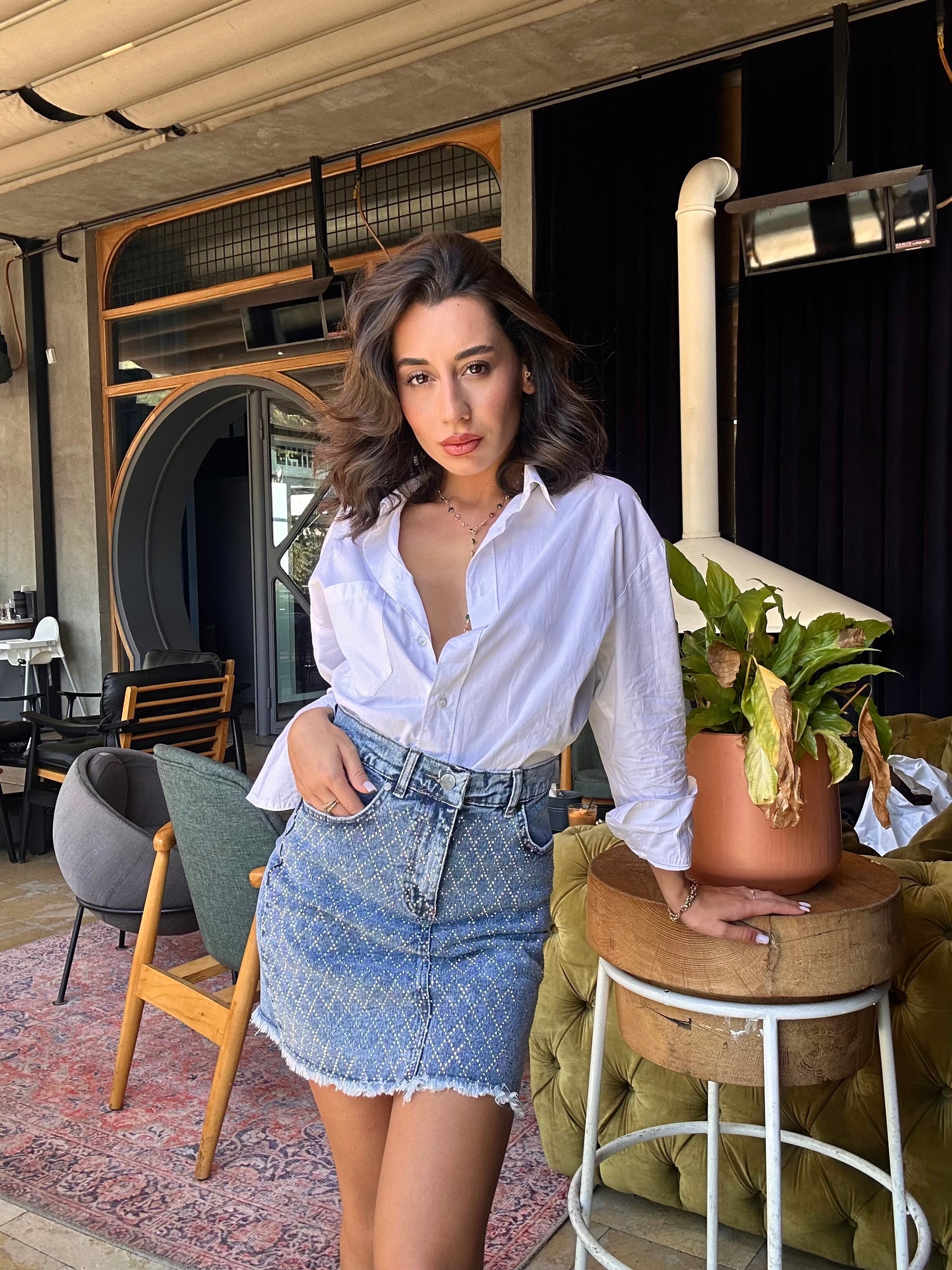 Trend Taşlı Denim Mini Etek