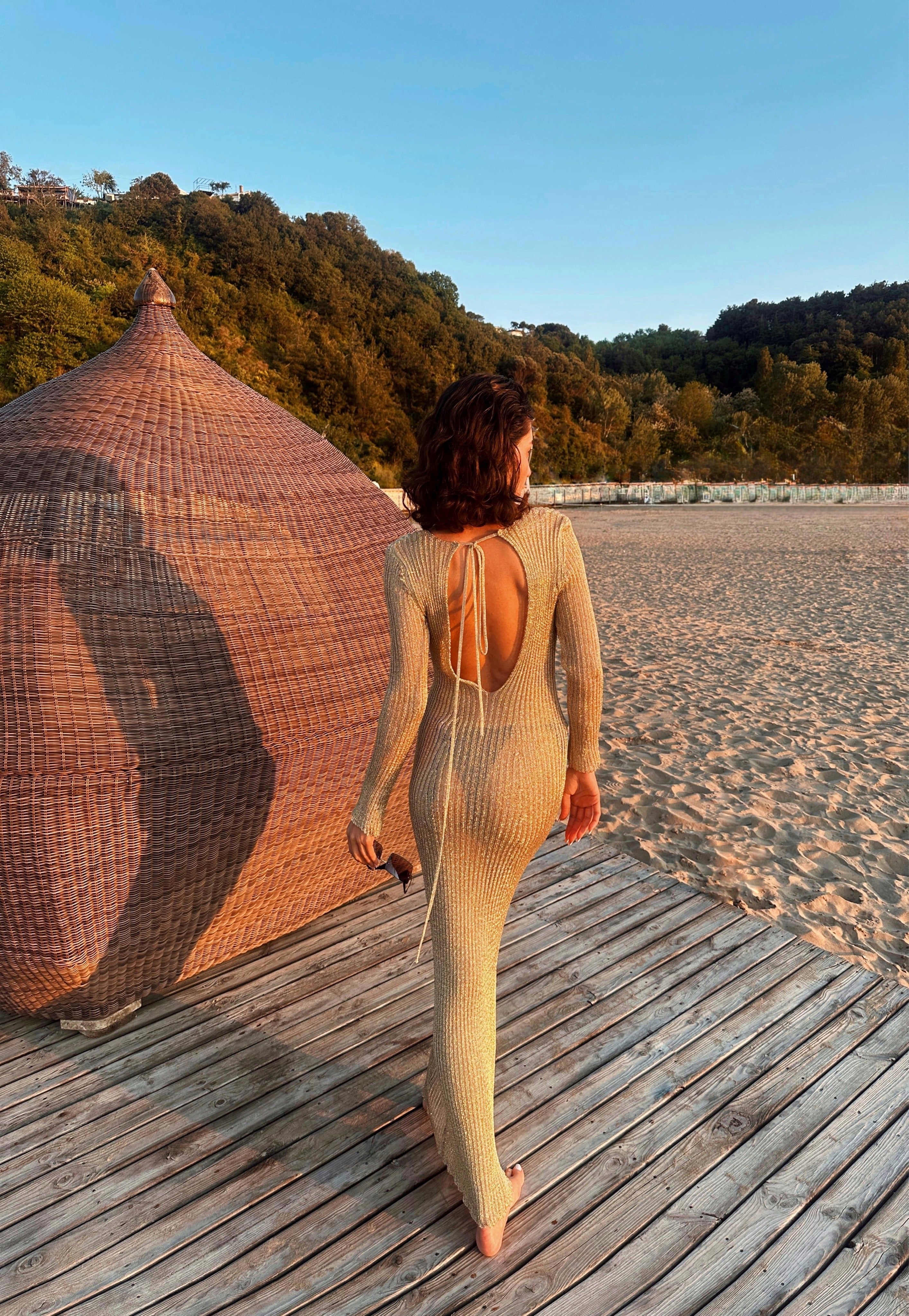 Altın Işıltılı Gold Maxi Elbise