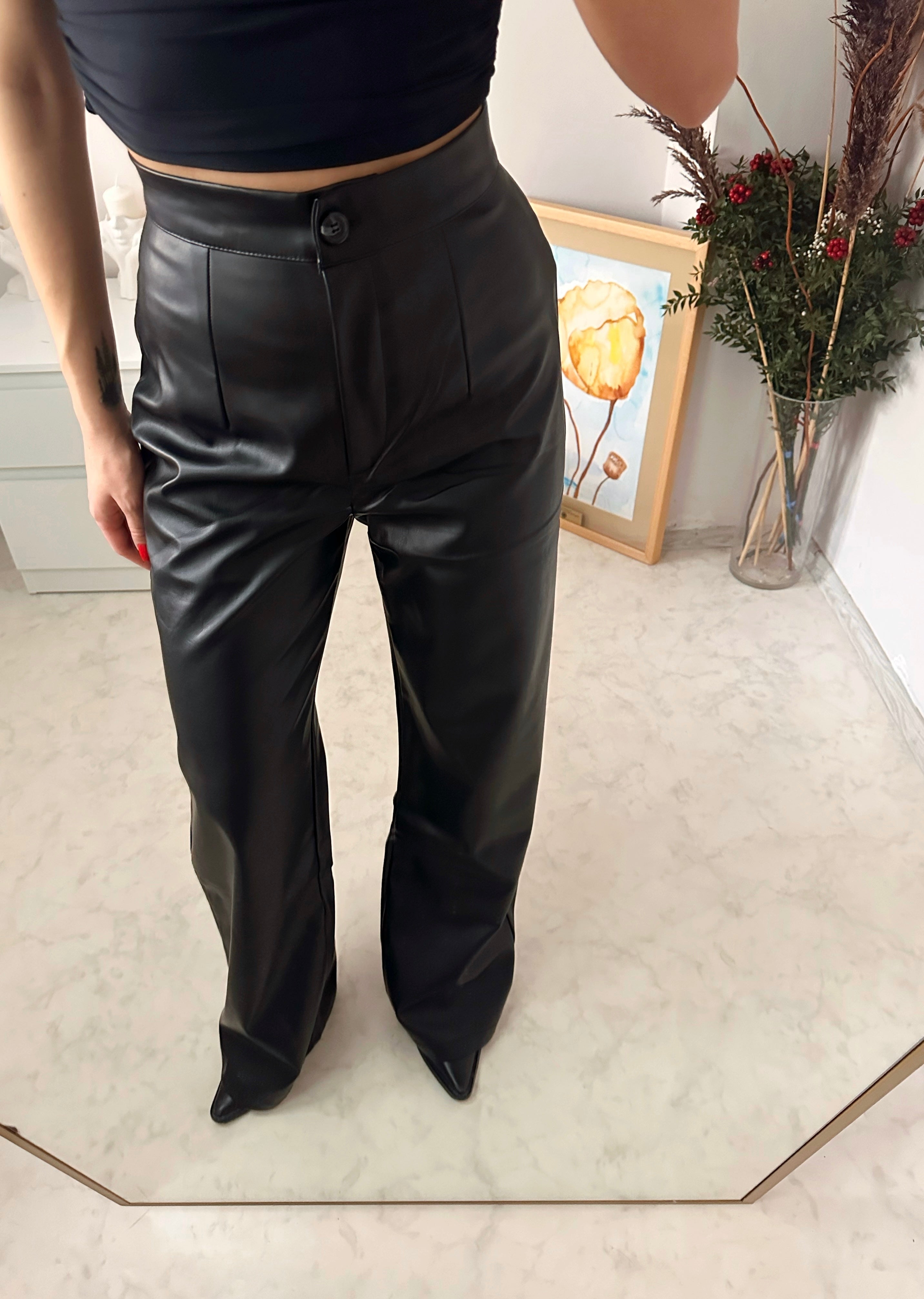 Deri Yüksek Bel Pantolon