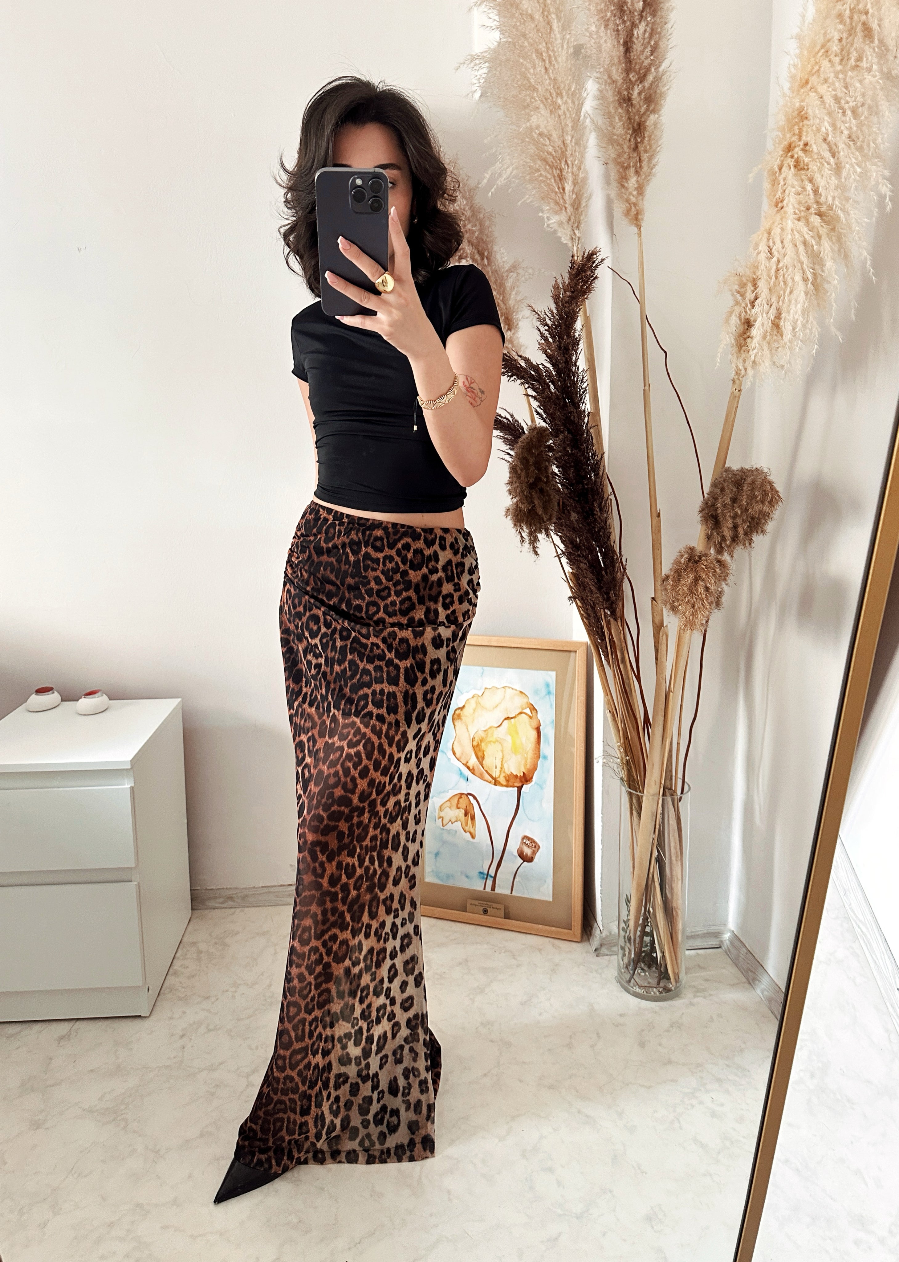 Tül Detaylı Leopar Etek