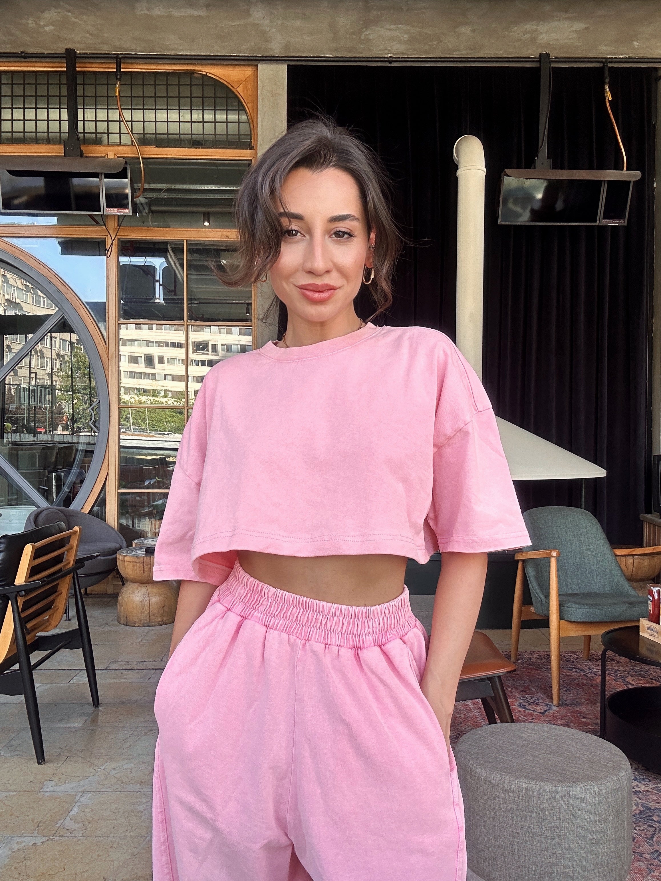 Yıkamalı Pembe T-Shirt Pantolon Takım