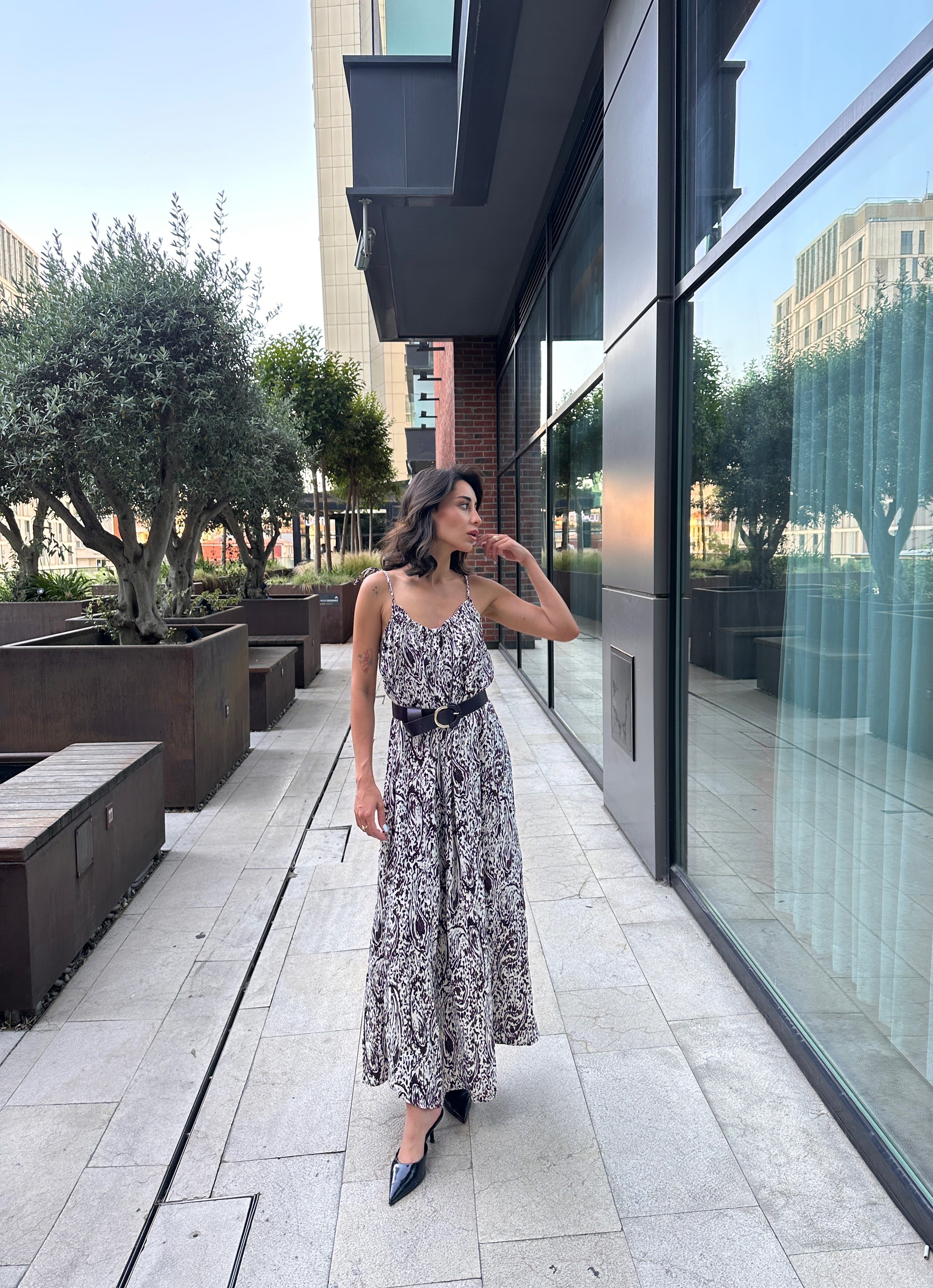 Saten Desenli Maxi Elbise