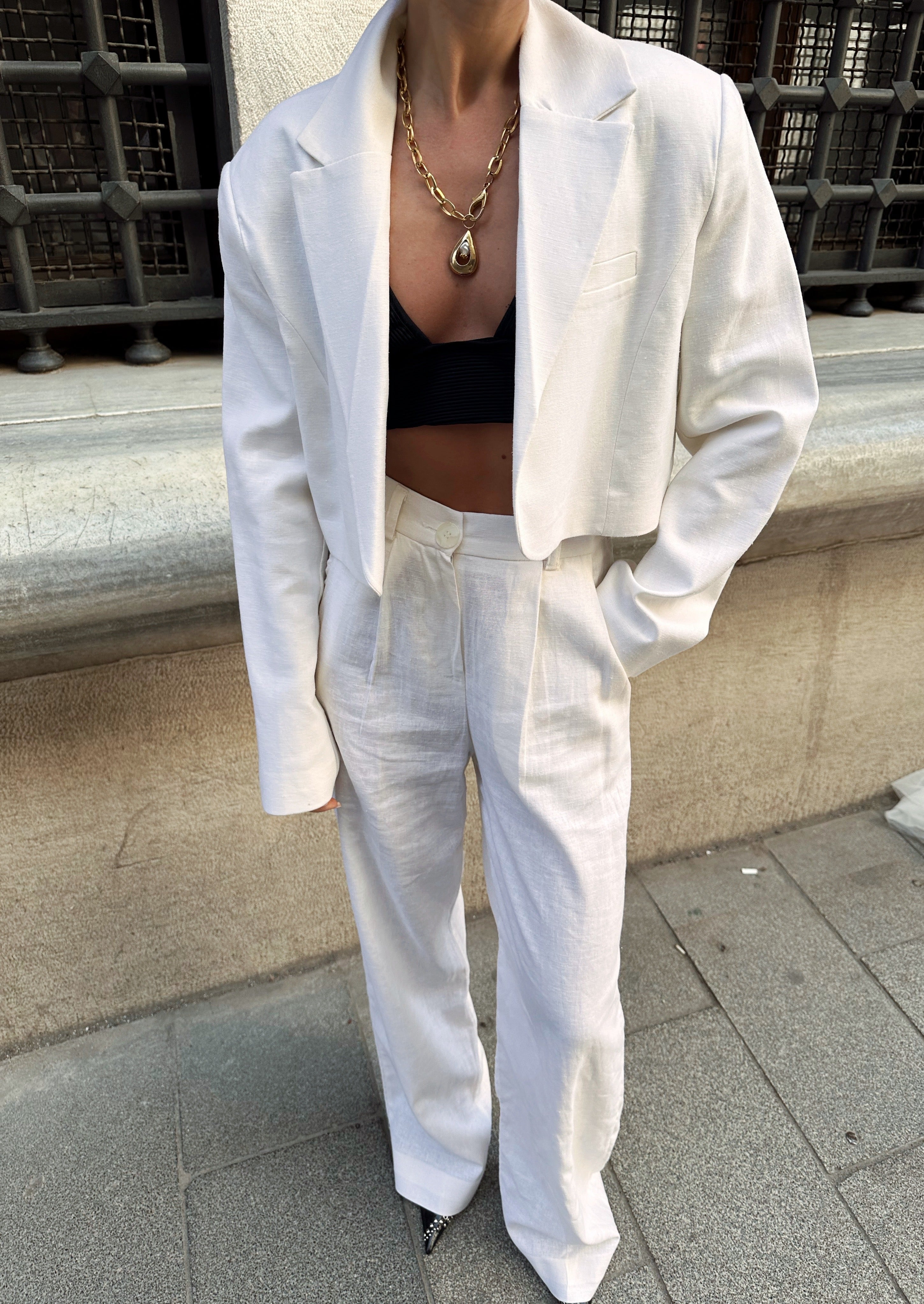 Premıum Crop Blazer Ceket Keten Takım