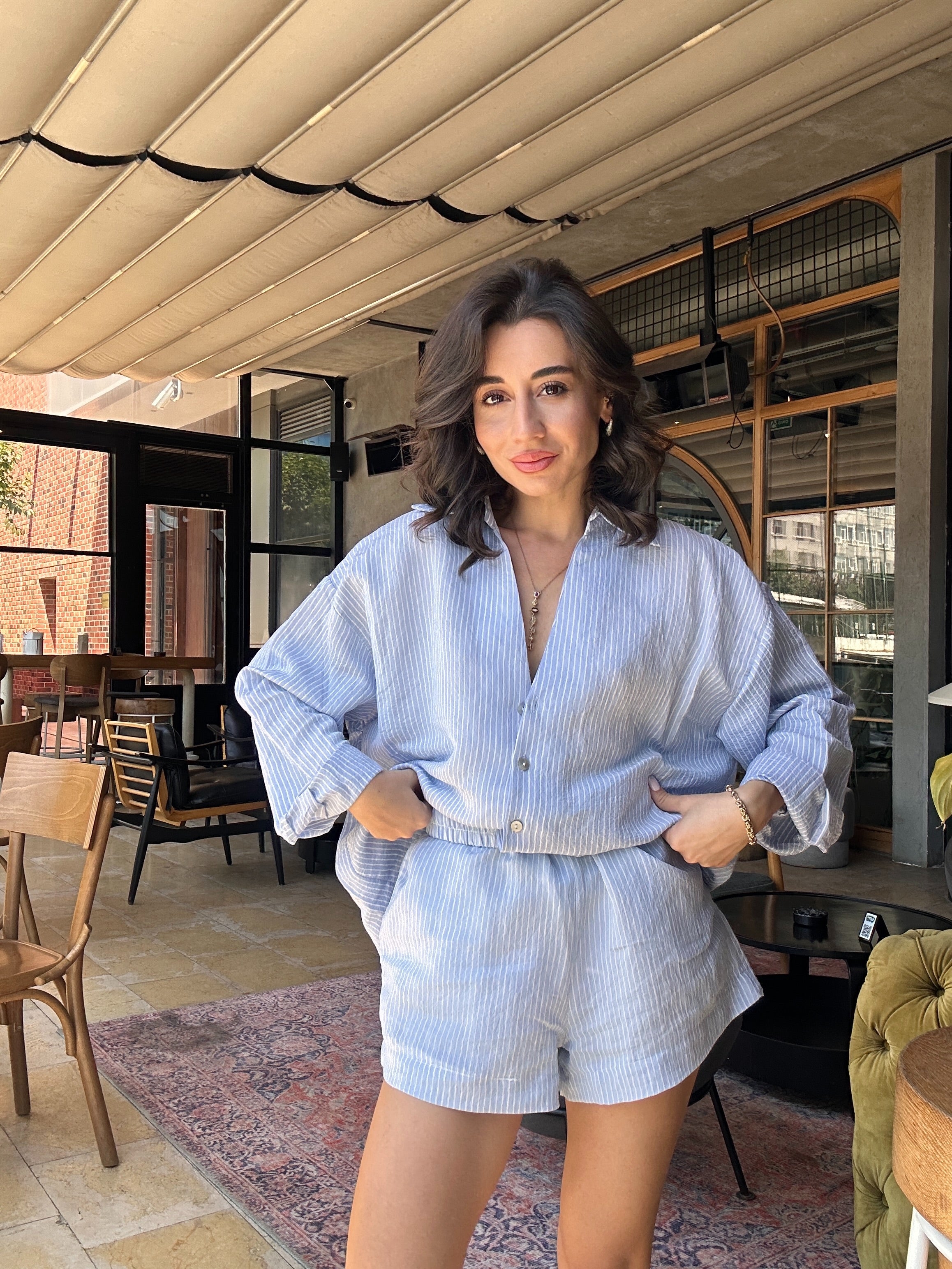 Çizgili Gömlek Şort Takım