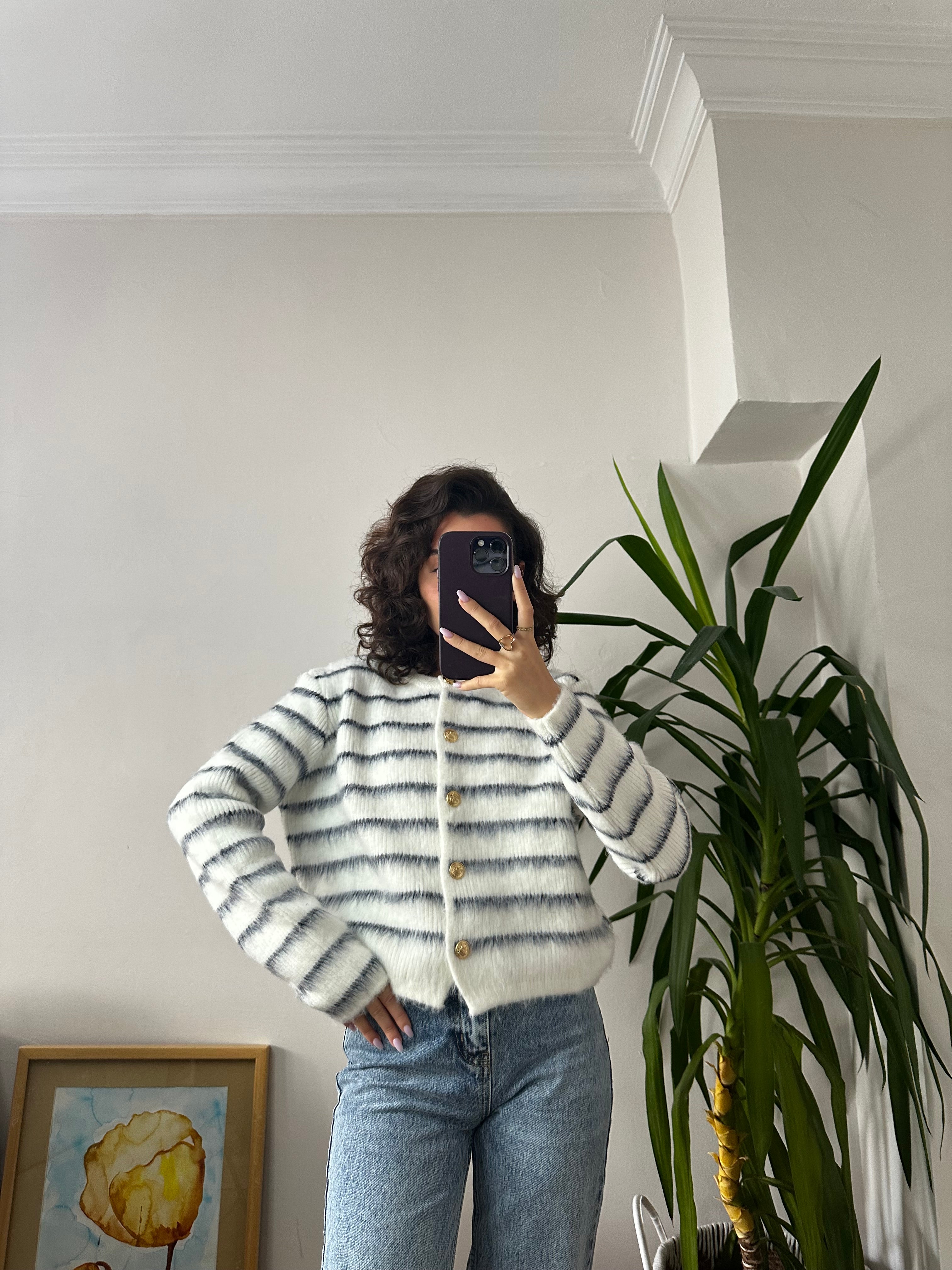 Gold Düğmeli Çizgili Hırka