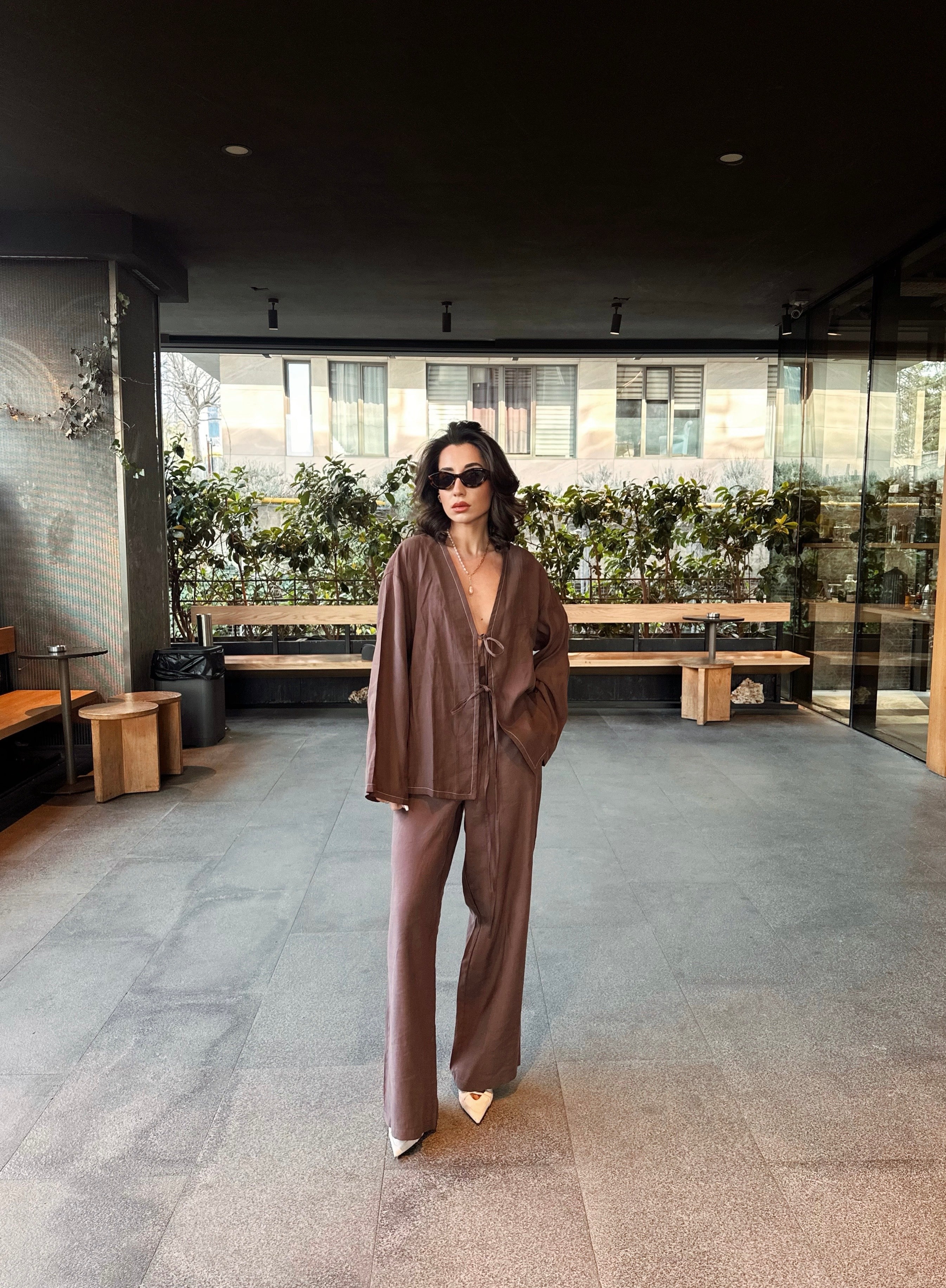 Bağlamalı Kimono Keten Takım