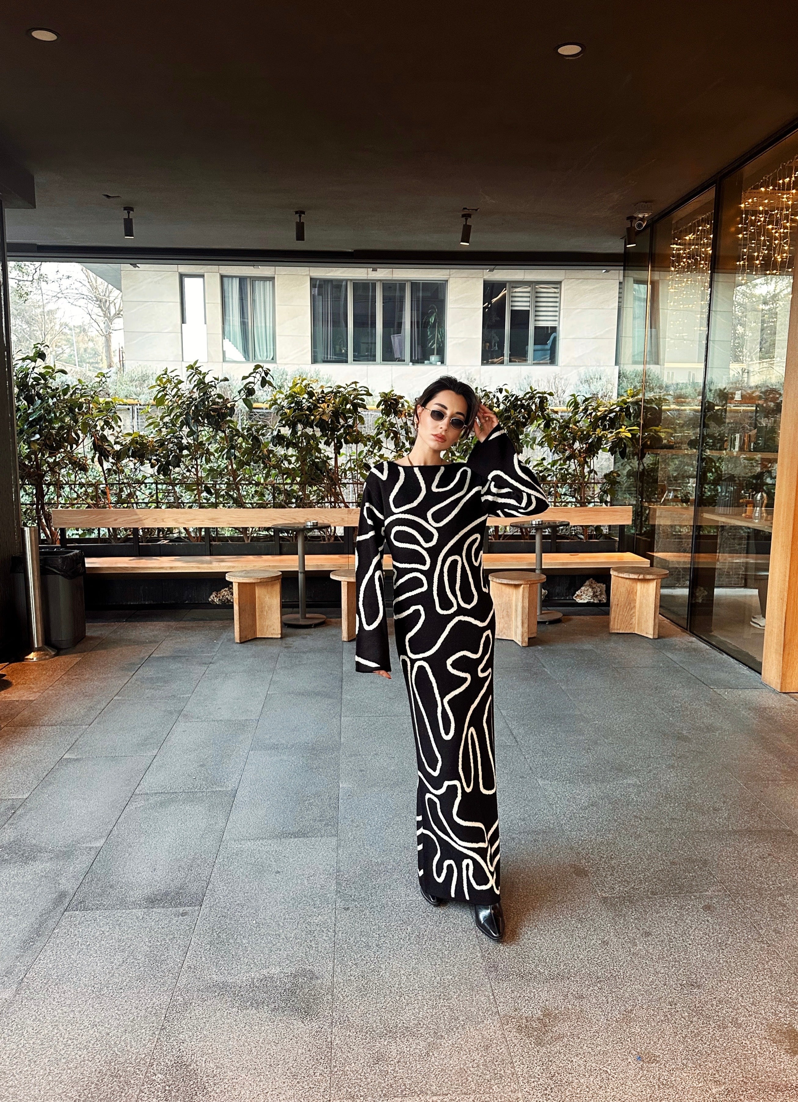 Triko Desenli Maxi Elbise