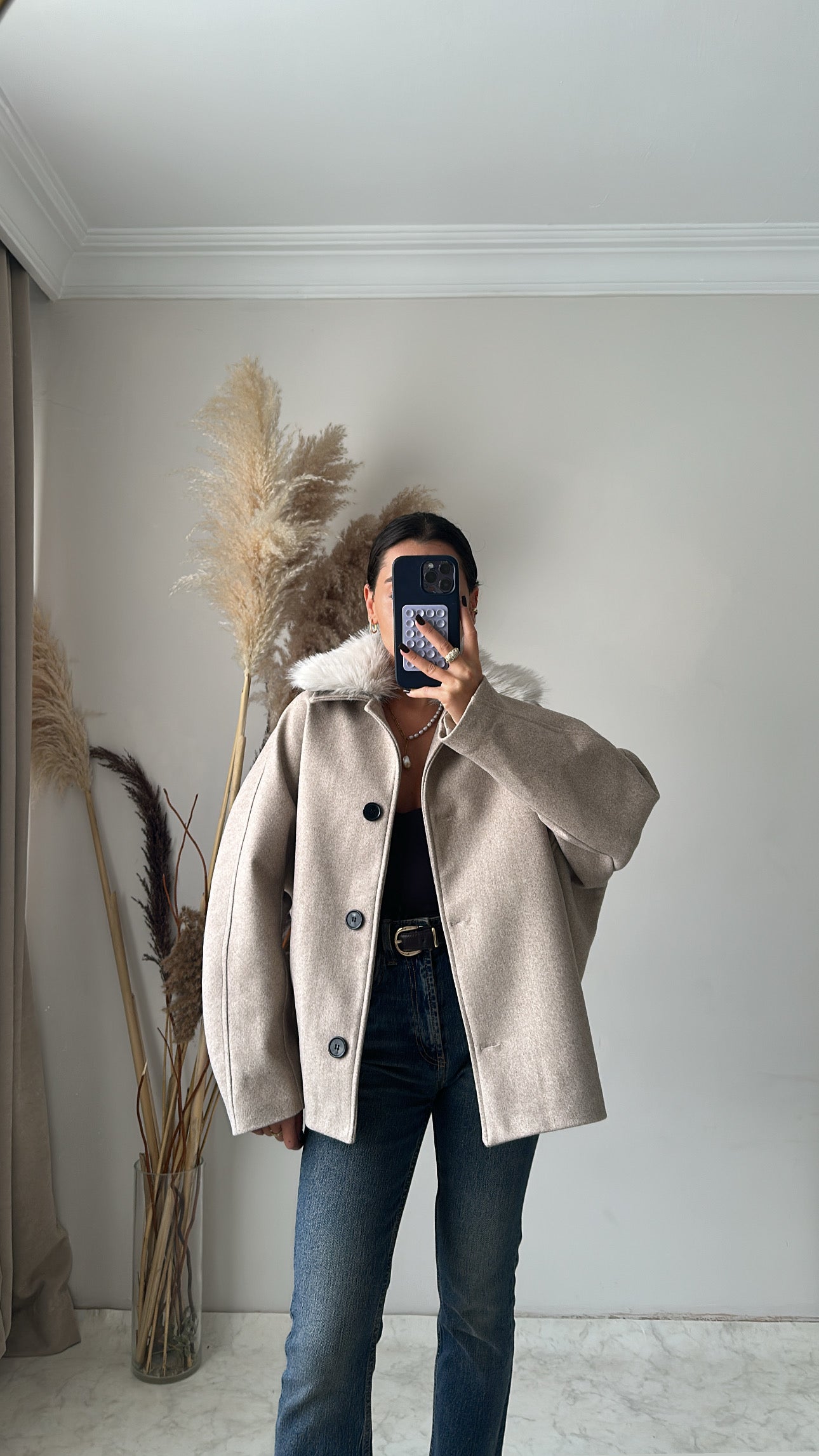 Kürk Detaylı Kaşe Ceket