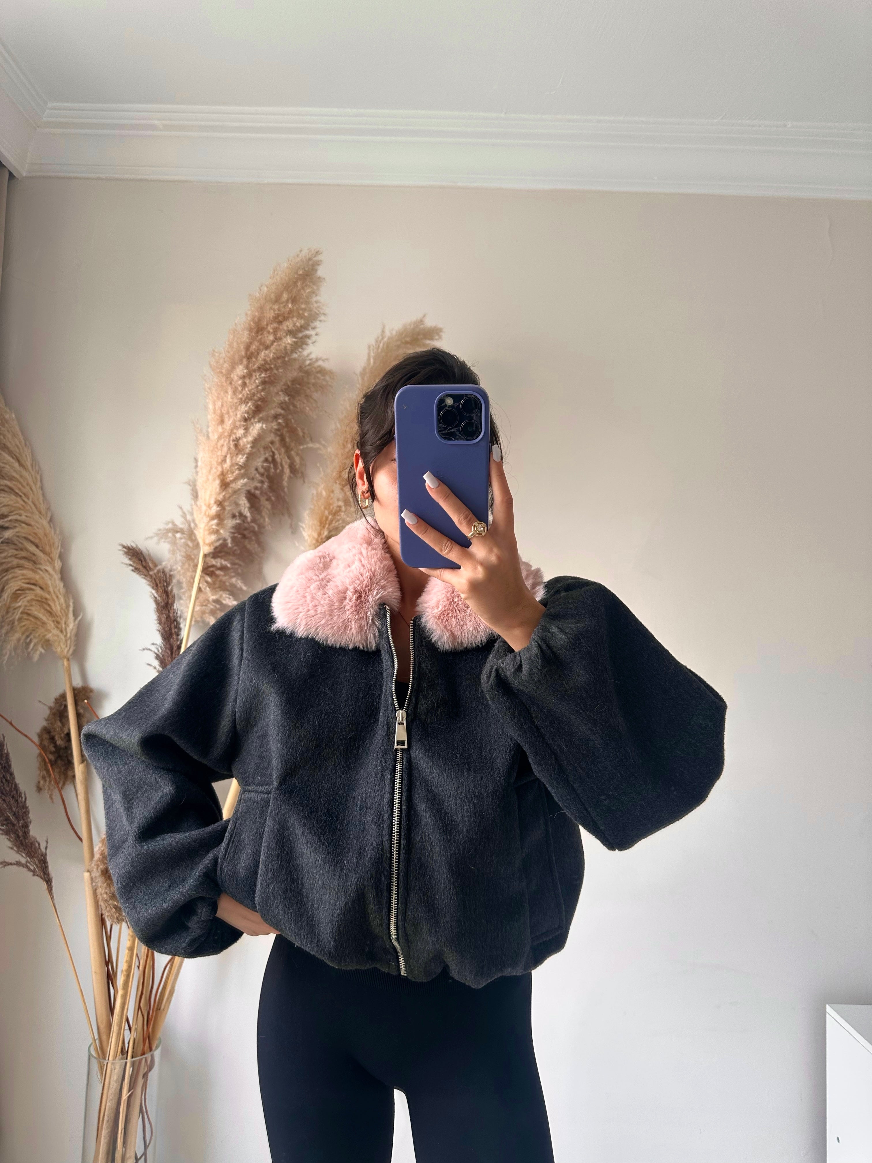 Kürk Detaylı Kaşe Bomber Ceket