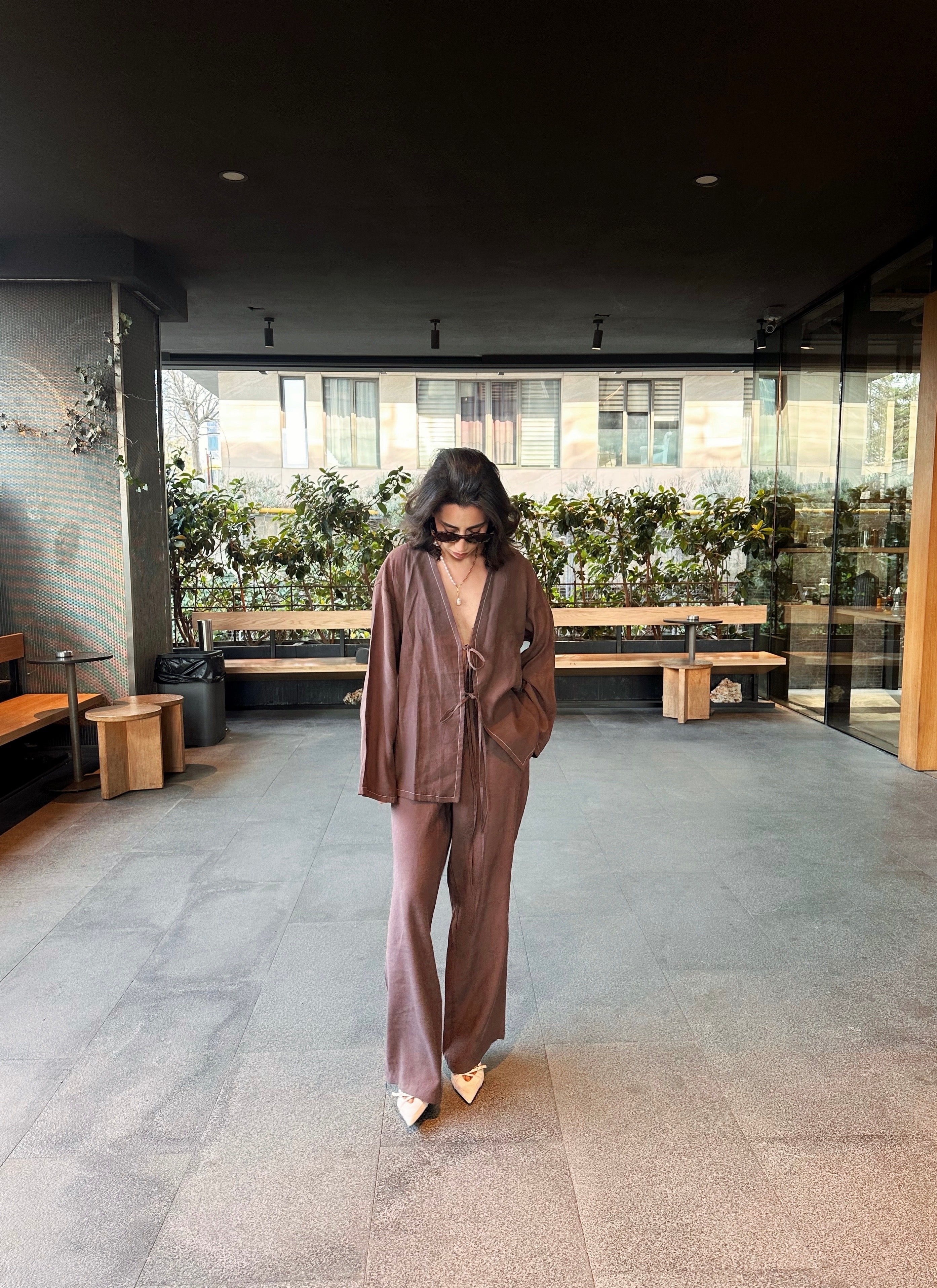 Bağlamalı Kimono Keten Takım