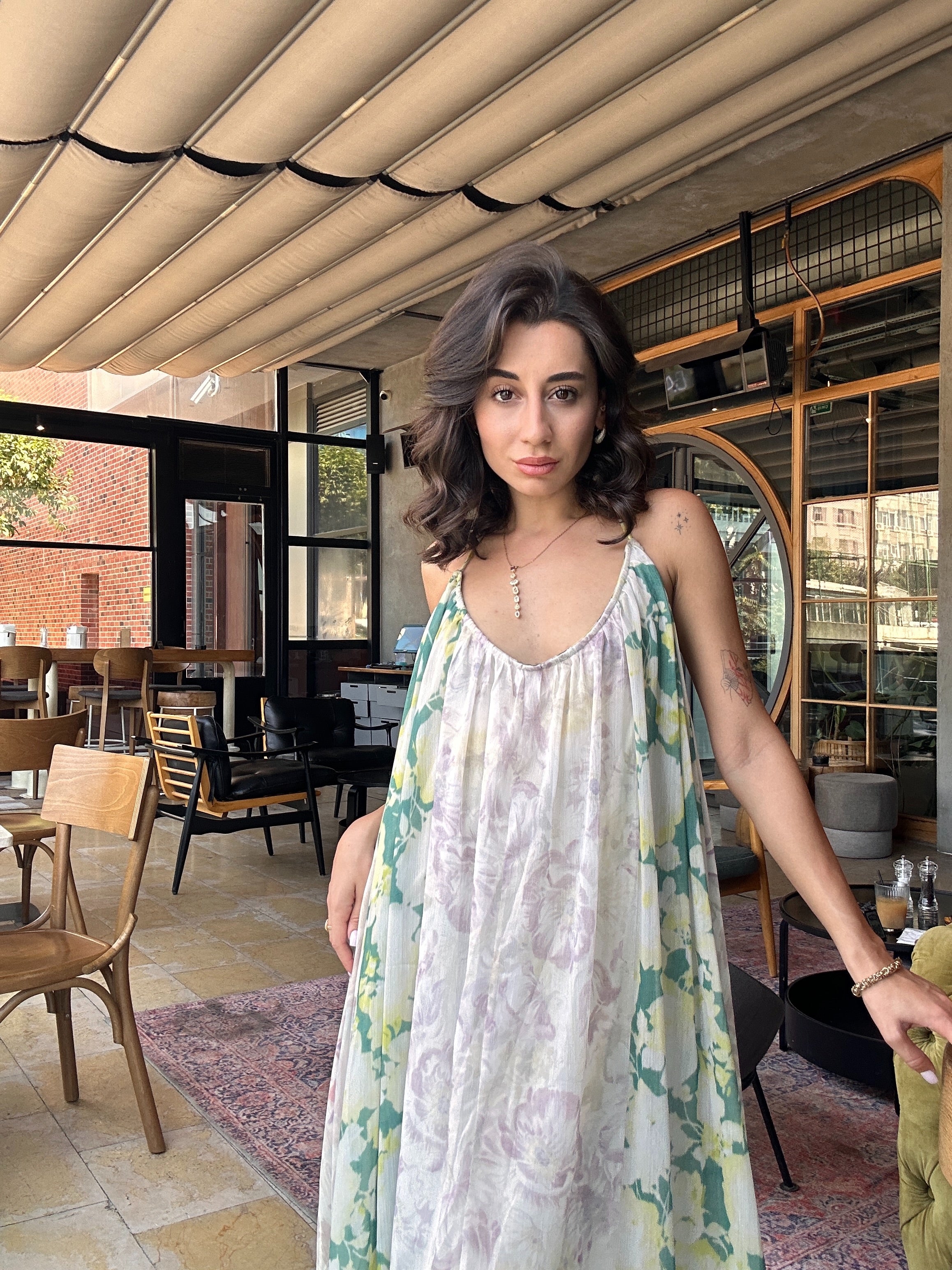 Askılı Desenli Maxi Garden Elbise