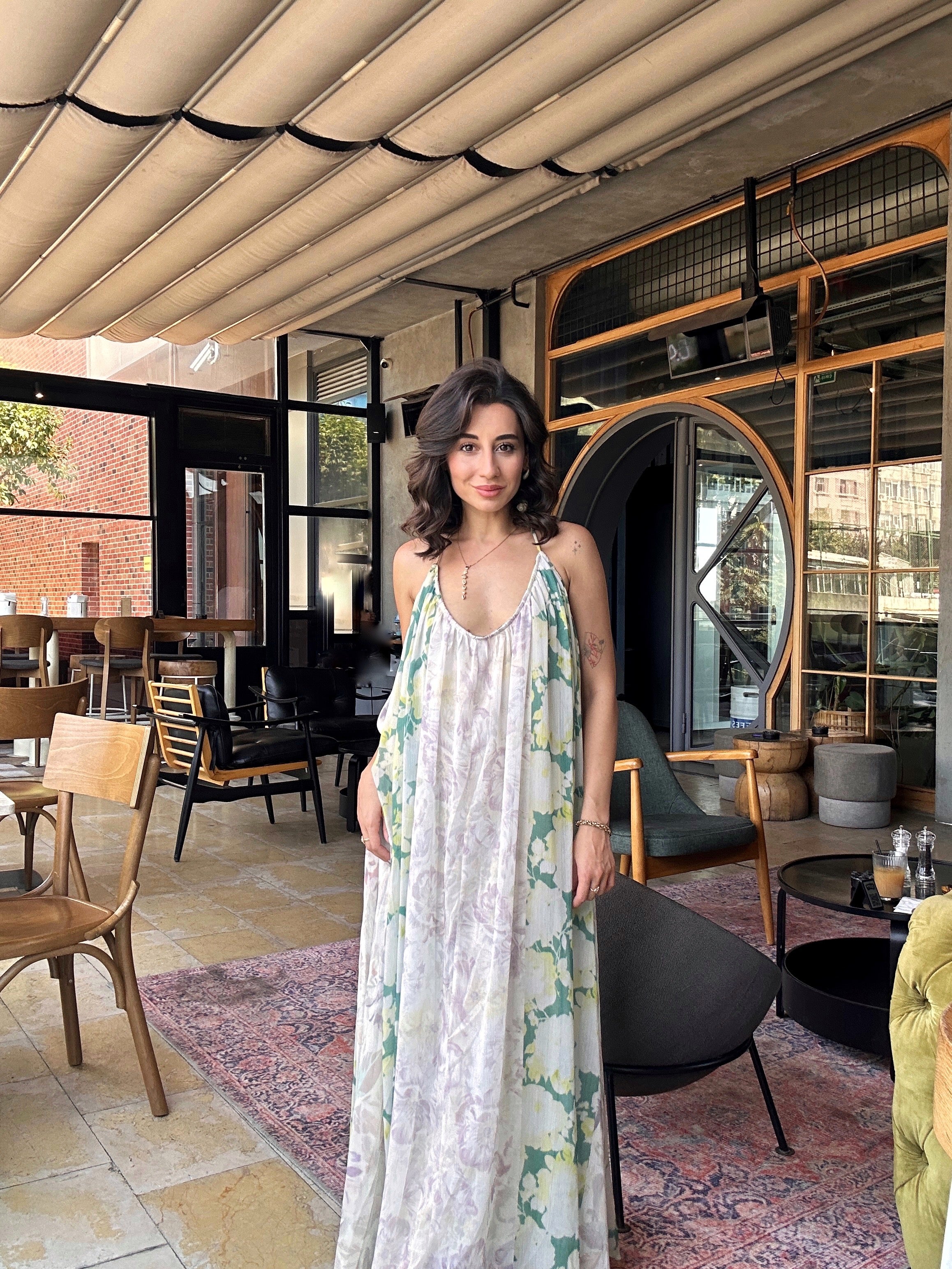 Askılı Desenli Maxi Garden Elbise