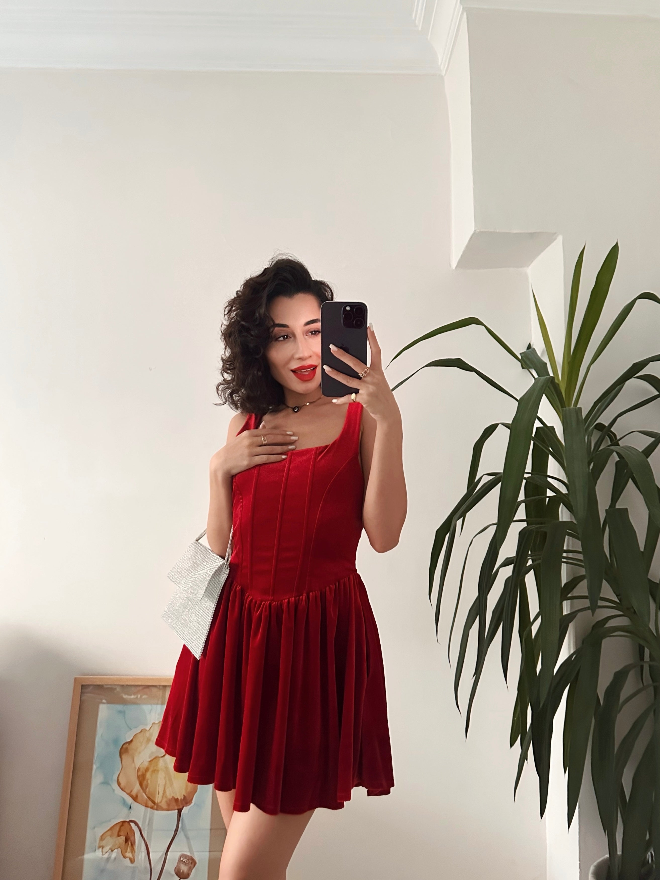 Kadife Pileli Elbise