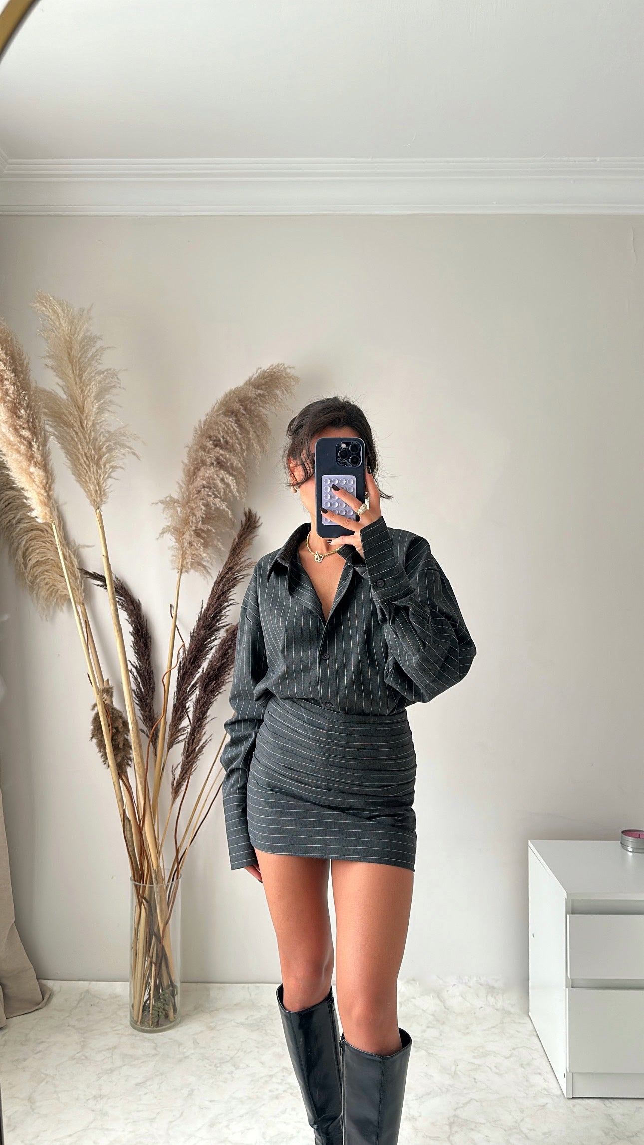 DRAPELİ ETEK GÖMLEK ÇİZGİLİ TAKIM