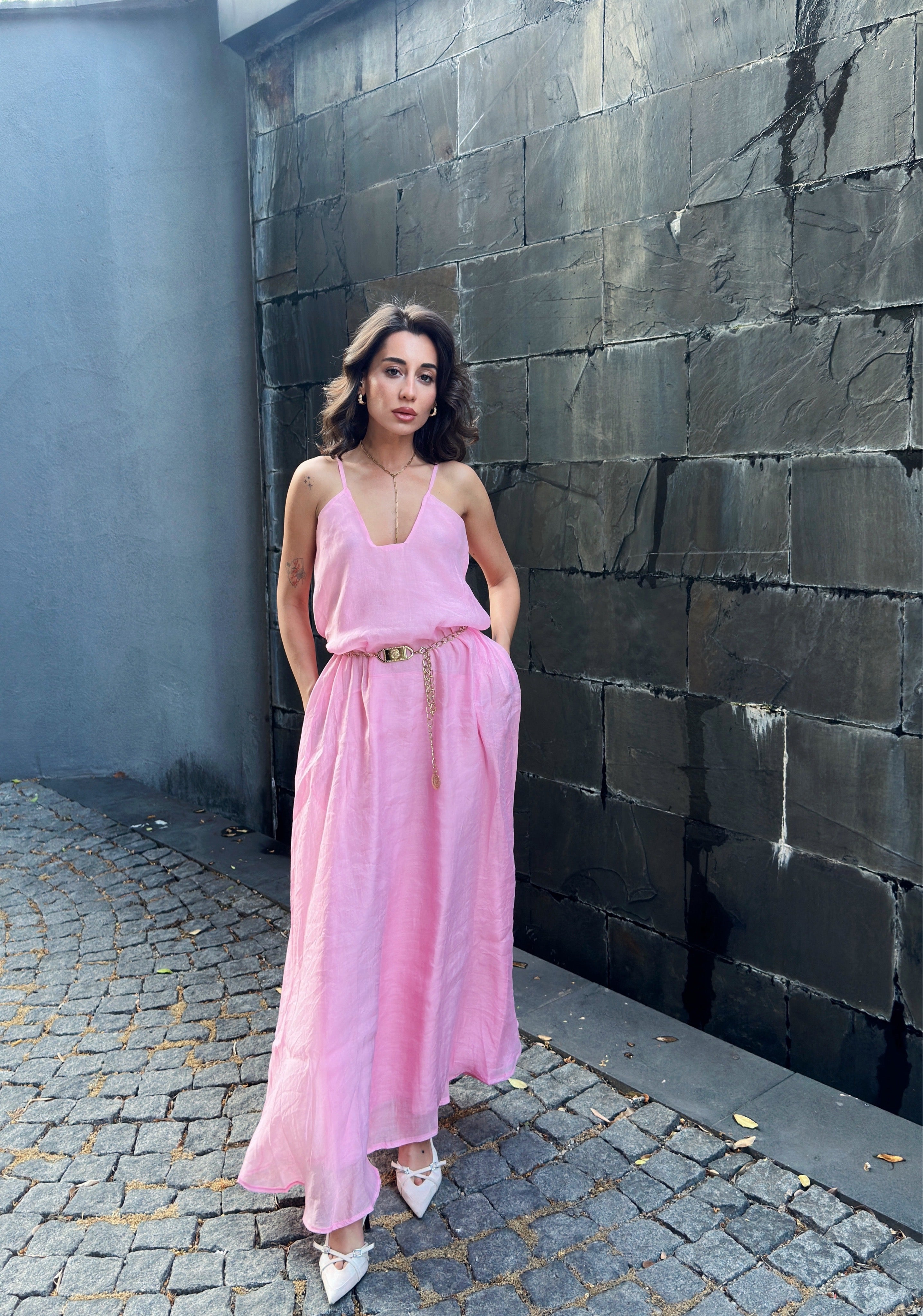 Pembe Tül Askılı Elbise